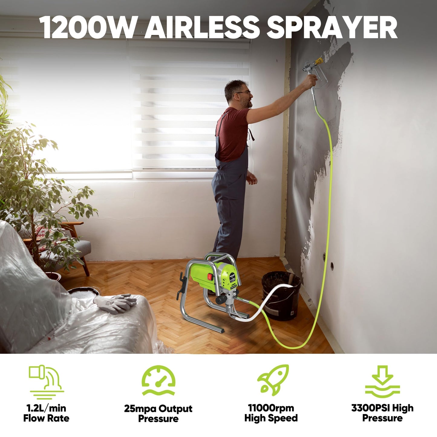 1200W Airless Paint Sprayer, 3300PSI High Efficiency Paint Sprayer Gun, Thinning-Free, with Extension Rod, Stand Airless Sprayer for Home Interior & House Exterior, Green