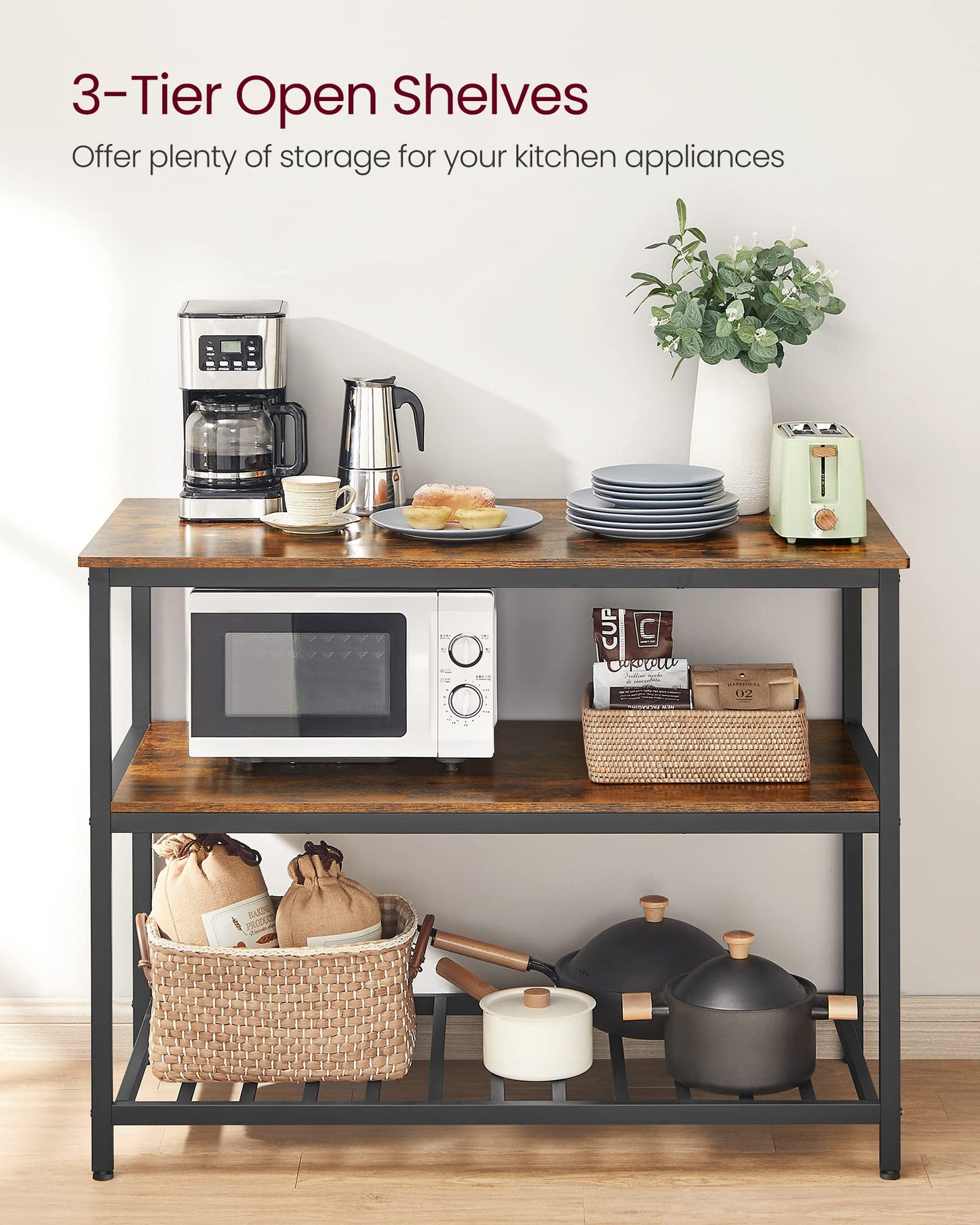VASAGLE Kitchen Island with 3 Shelves, 47.2 Inches Width Kitchen Shelf with Large Worktop, Stable Steel Structure, Industrial, Easy to Assemble, Rustic Brown and Black UKKI01BX