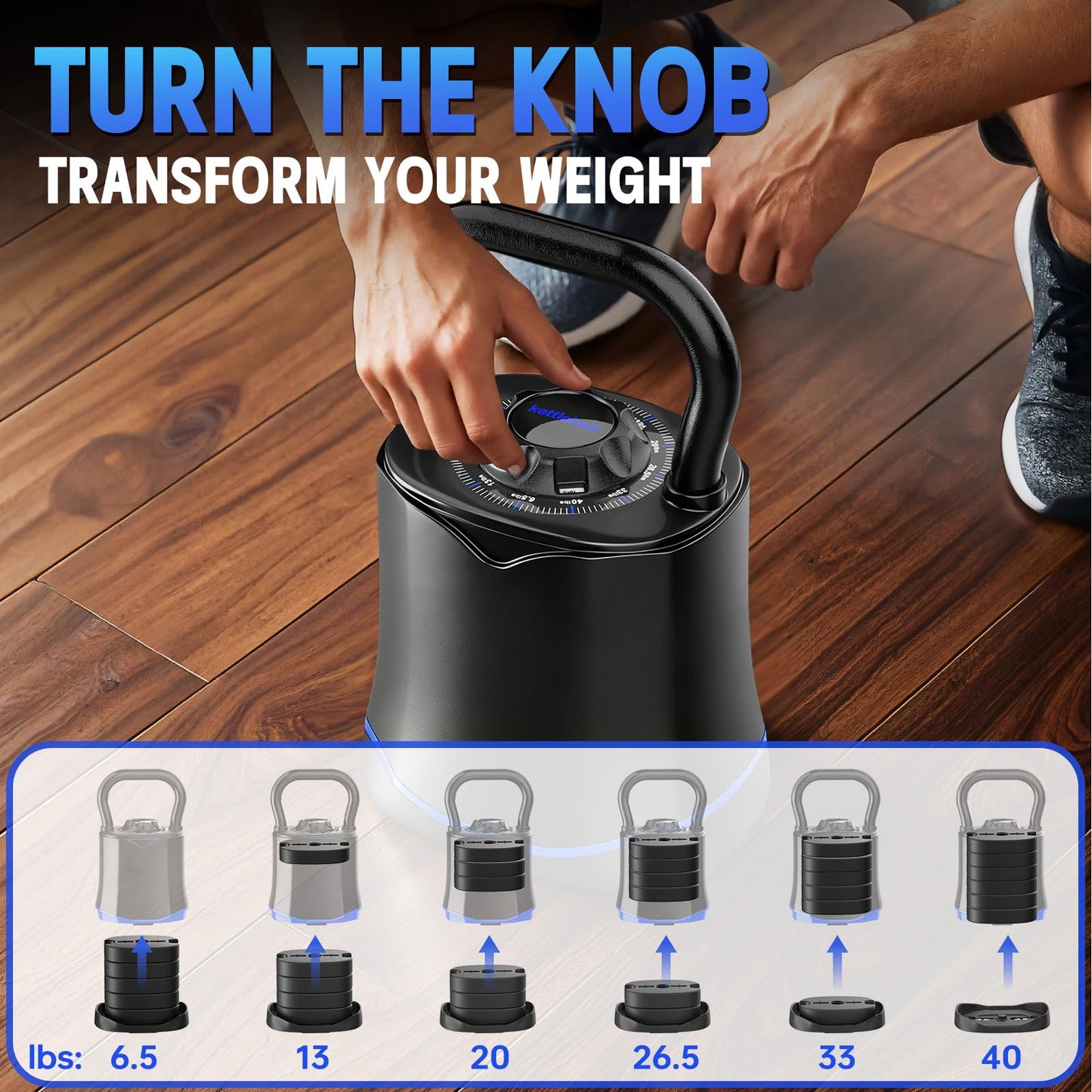 FitNexus Adjustable Kettlebell，6-in-1 Quick Change Adjustable Kettlebell Set (6.5-40 LBS) for Home Gym - Space-Saving Design with Scratch-Resistant Rubber Base to Protect Floors, Two-Way Rotating Handle for Full Body Workouts