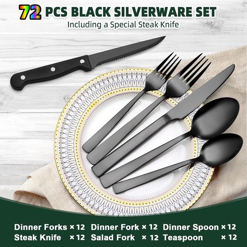 CEKEE 72-Piece Stainless Steel Flatware Set - Elegant Black & Silver Cutlery for 12 | Includes Steak Knives