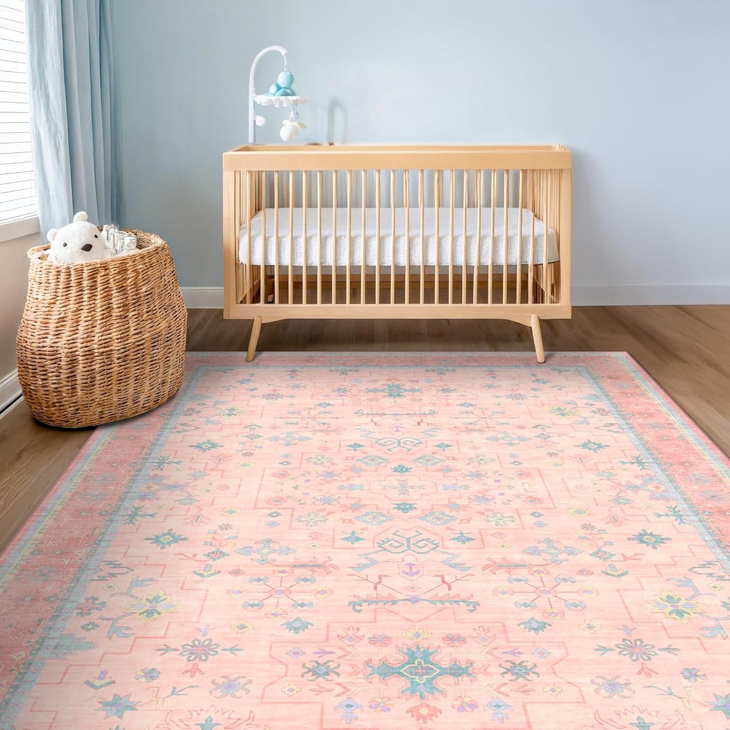 Oushak Rugs | Washable Pink & Blue 7x10 Area Rug - Modern Floral Design, Soft Non-Slip Carpet
