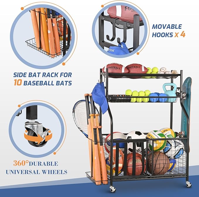 PLKOW Sports Equipment Organizer - Garage Storage Rack with Basket and Hooks, Ball Storage, Toy and Gear Organizer, Black