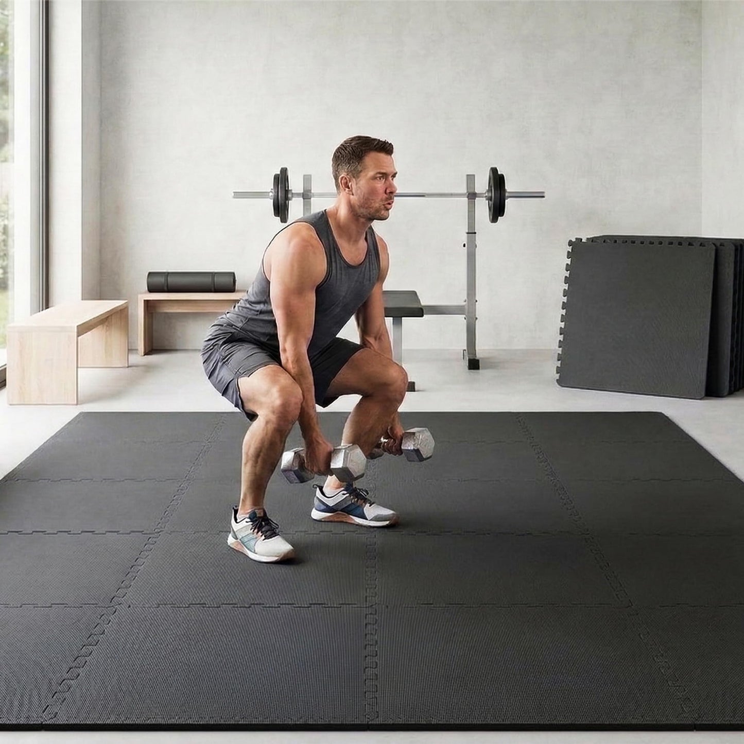 BalanceFrom Puzzle Exercise Mat 1/2" Thick, EVA Interlocking Foam Floor Tiles for Home Gym, Mat for Home Workout Equipment, Floor Padding for Kids, Black, 24 in x 24 in x 1/2 in, 144 Sq Ft - 36 Tiles