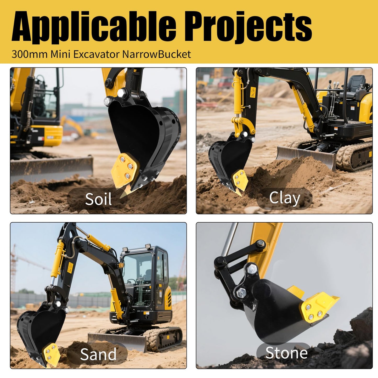 300mm Mini Excavator Bucket, 11.81in Excavator Attachments,300mm Narrow Digging Buckets with Metal Teeth Hole Diameter 0.98in, Center Wheelbase 3.54in, Metal Trenching Digger (300mm Black Yellow)