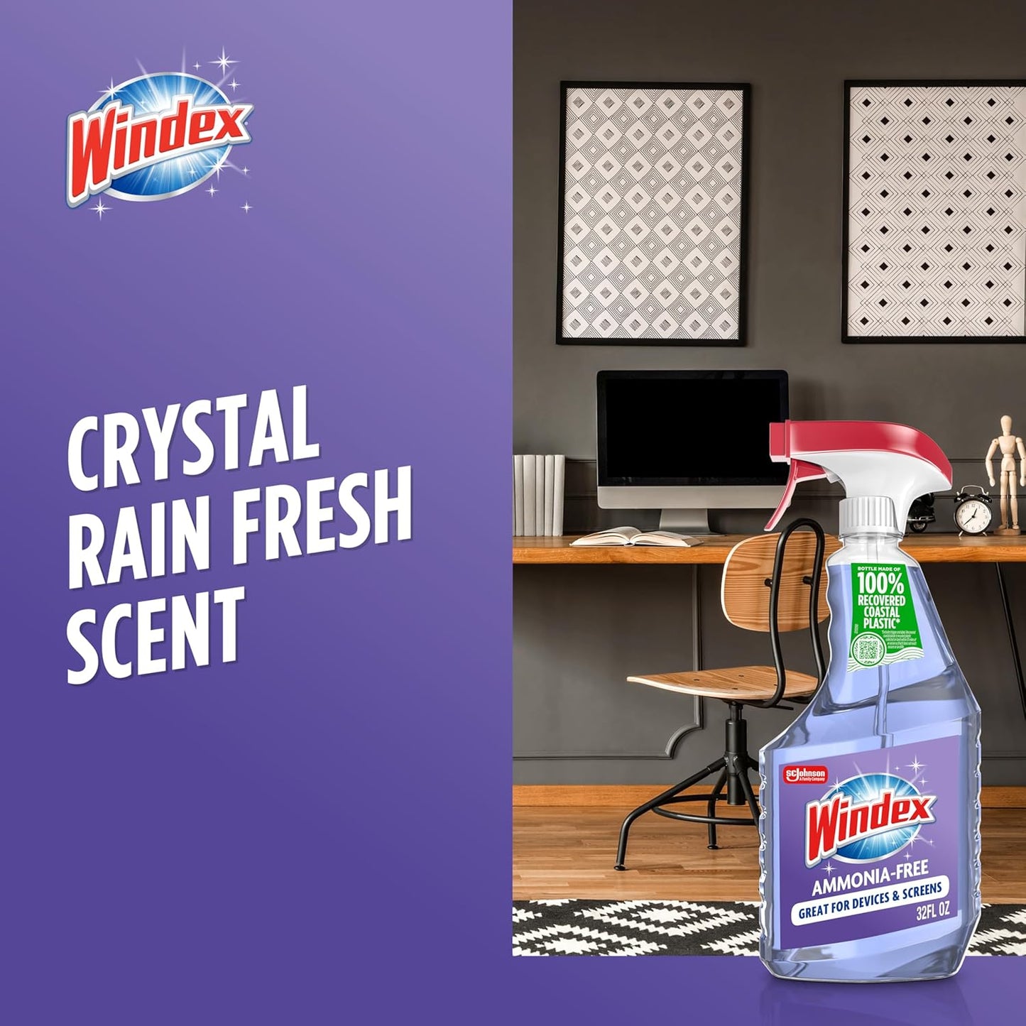 Windex Glass Cleaner Spray - Ammonia-Free Formula with Crystal Rain Scent | 32 Fl Oz Bottle