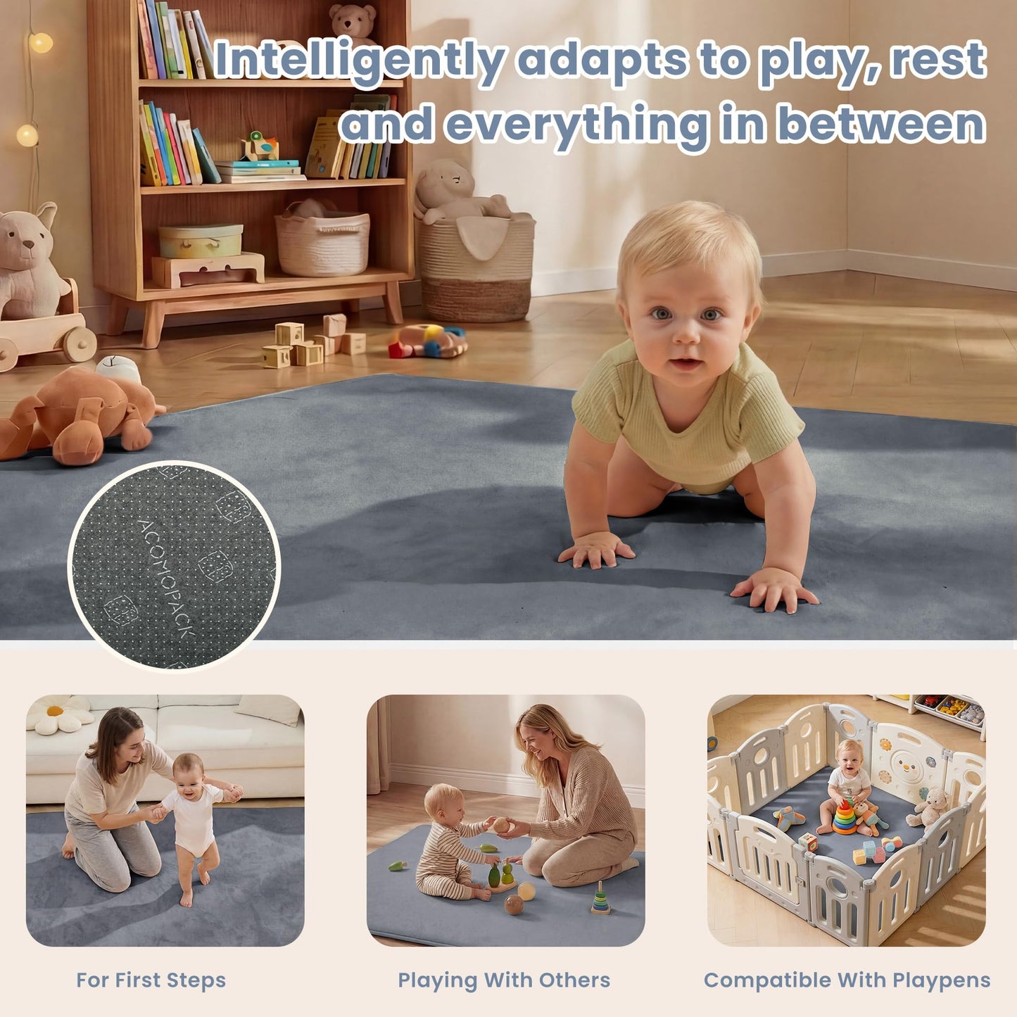 ACOMOPACK 1.3" Thick Baby Play Mat for Floor 59x71-Large Water-Repellent&Non-Slip Memory Foam Mat for Kids,Toddlers,Soft Velvet Nursery Rug for Tummy Time&Crawling,Yoga,Tatami Style(Grey)
