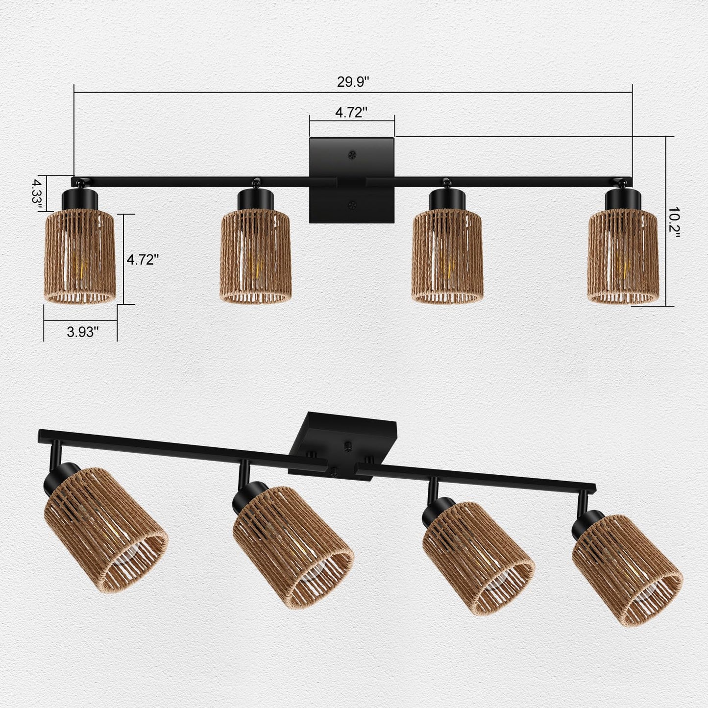BoostArea 4 Light Track Lighting Kit, 4 Way Ceiling Spot Lighting with Handwoven Hemp Rope Lampshade, Flexibly Rotatable Light Head for Kitchen, Living Room, Bedroom, Bulb Not Included