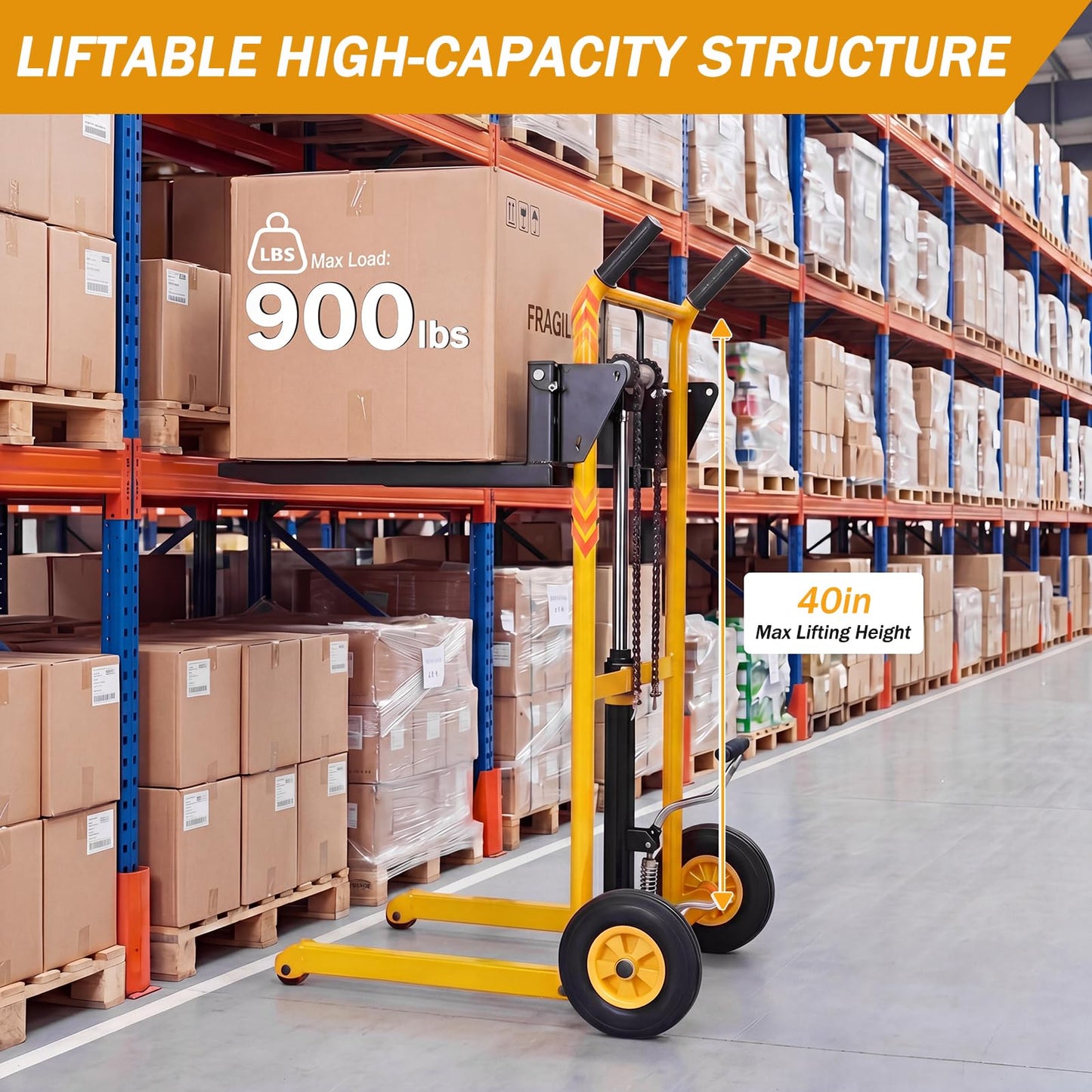 900 lb Hydraulic Material Lift Stacker, Manual Pallet Truck Dolly with Lift Table, 40" Max Lift Height, Steel Fork Platform Cart with Swivel Casters for Warehouse & Industrial Use (Yellow & Black)