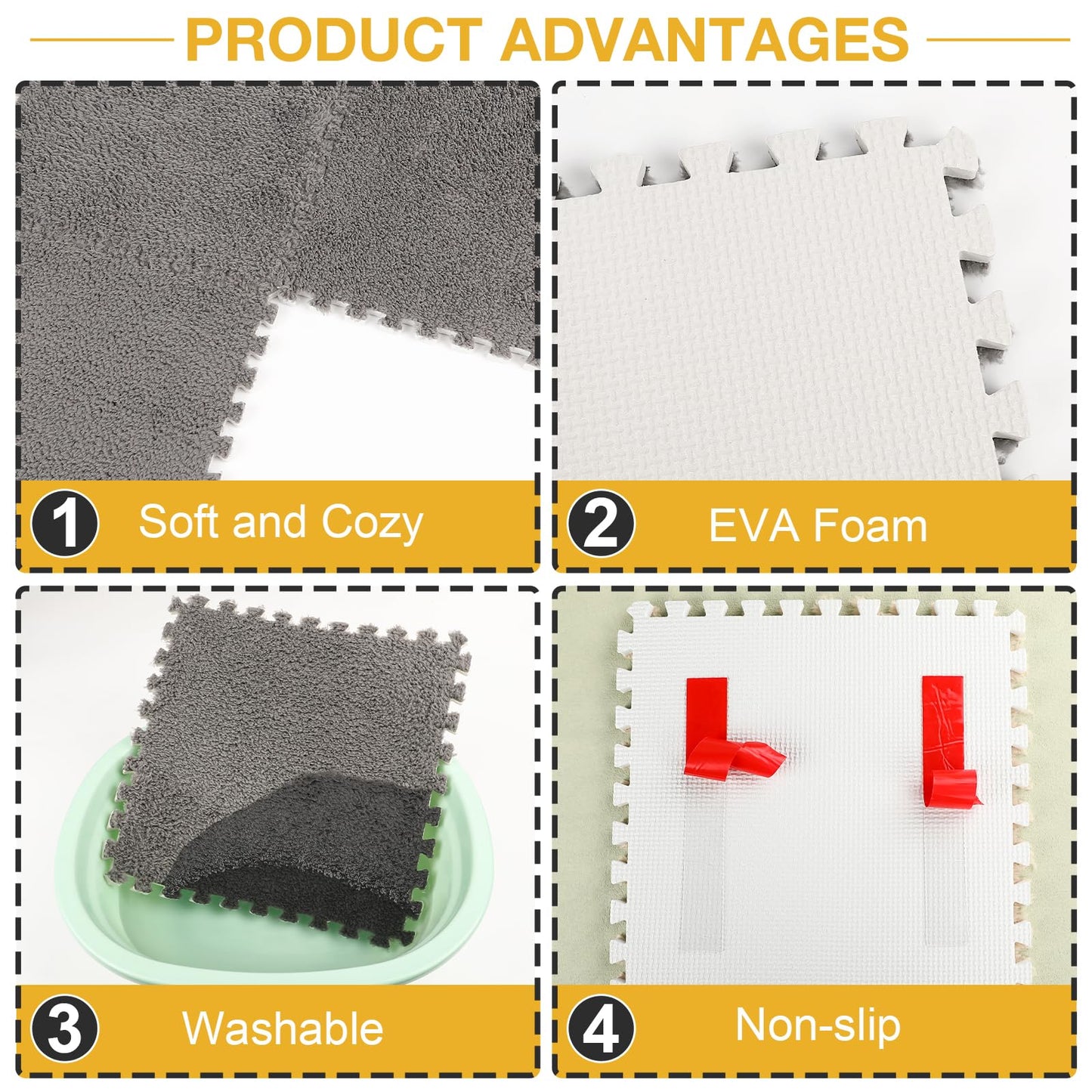12 Pcs Plush Interlocking Carpet Tiles, Non-Toxic Foam Carpet Tiles for Toddler Baby, Anti-Slip, EVA Foam Interlocking Tiles for Floor, Nursery, Playroom, Grey White Black