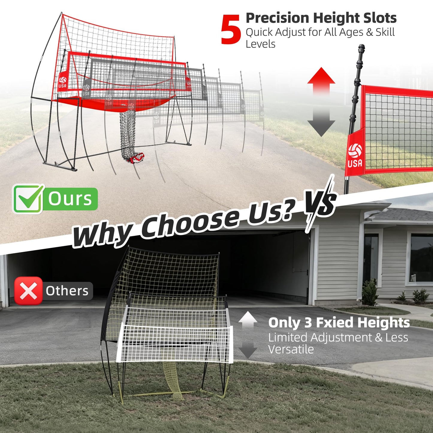 JOLORLY 2-in-1 Volleyball Practice Net Station with Patented 5-Height (6'6'' to 8'), Heavy Duty Training System for Hitting Spiking Serving, Backyard Indoor Outdoor Trainer Equipment (12x11 ft Red)