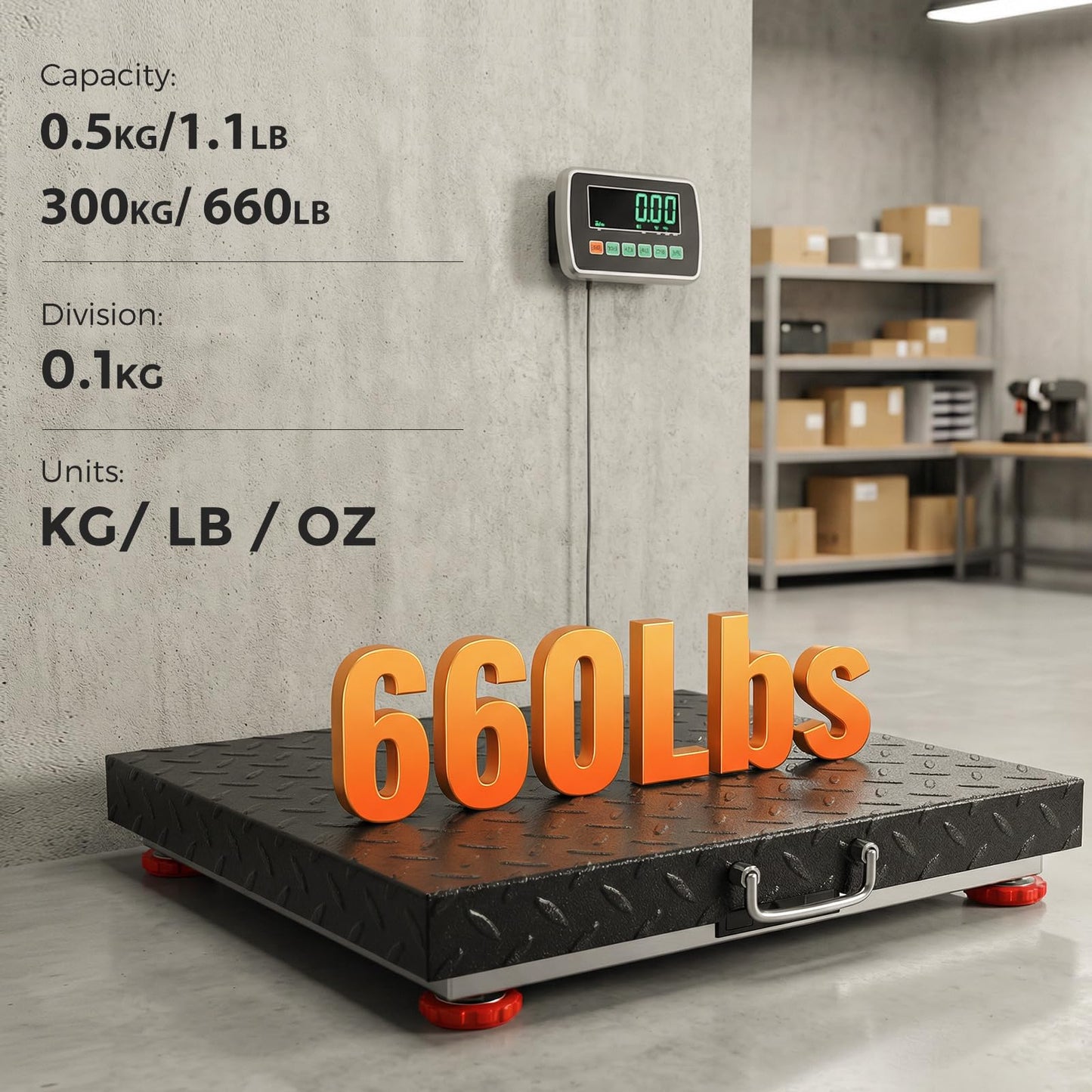 Bonvoisin Heavy Duty Floor Scale with 20.5” X 17.7” Large Stainless Steel Platform, 660LBs Industrial Bench Scale for Packages, Luggage, Suitcases, Boxes