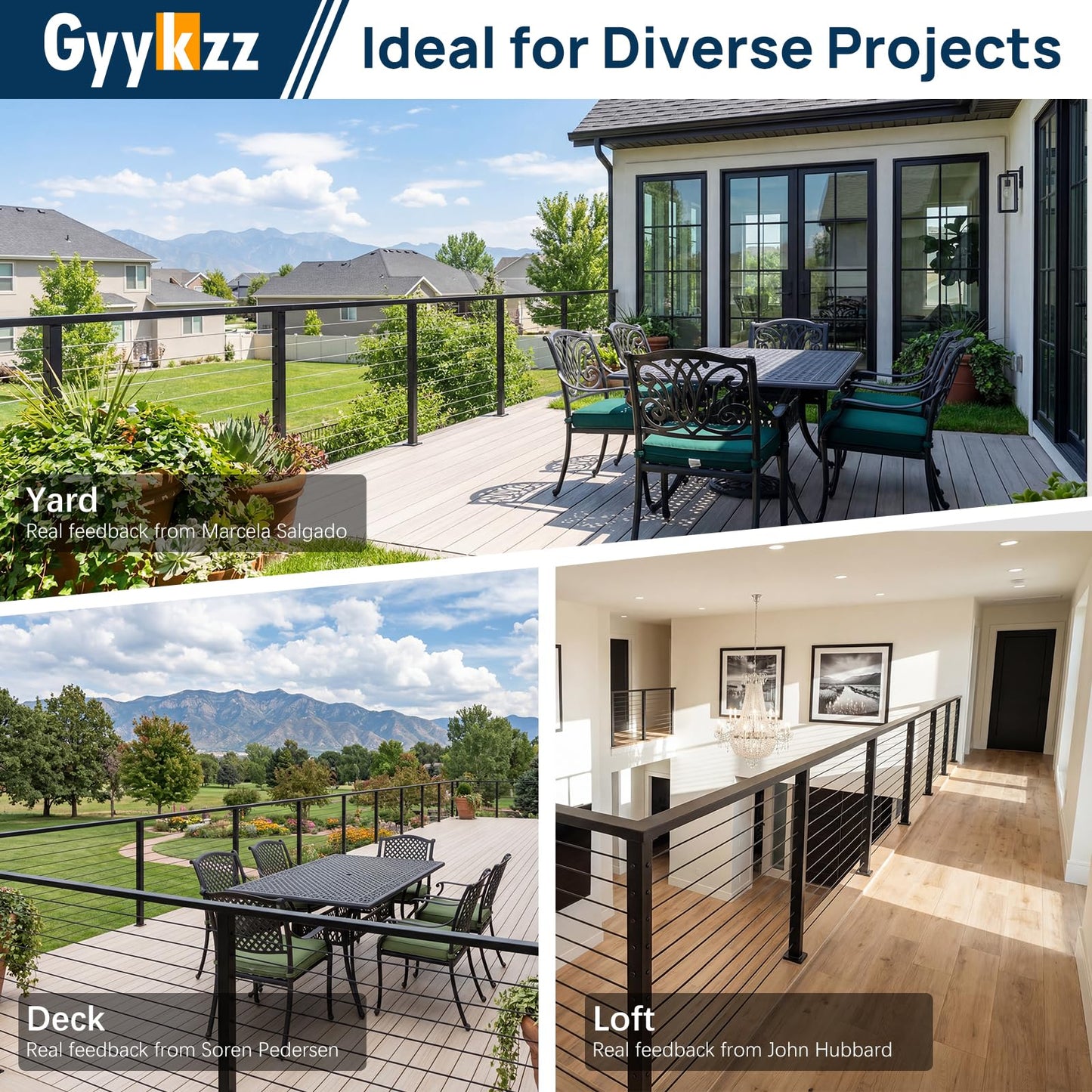 Gyykzz 36" Black Cable Railing Post, Fixed Top Level Drilled Line Post with Cable Grommets, Surface Mount T304 Stainless Steel Wire Railing Handrail Post for Indoor Outdoor Deck Cable Railing System