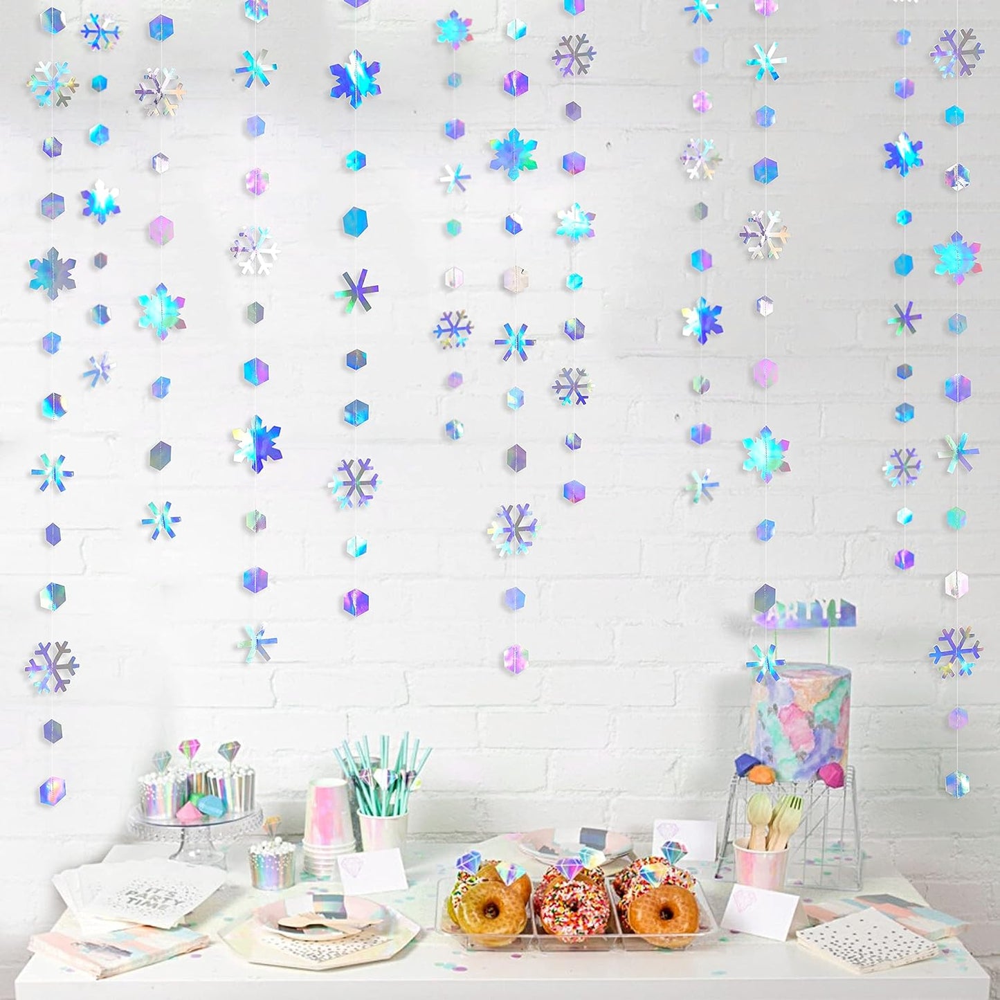 Winter Wonderland Party Decoration - Iridescent Snowflake Garland by [Brand Name] | 52Ft Holographic Streamer for Christmas & Weddings