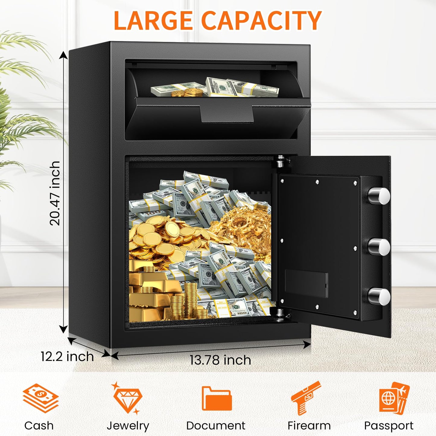 2.8 Cuft Depository Safe with Drop Slot, Anti-Theft Cash Drop Safe with Digital Keypad, Heavy Duty Drop Slot Safes with LCD Display, Drop Commercial Safe for Business Mail Church