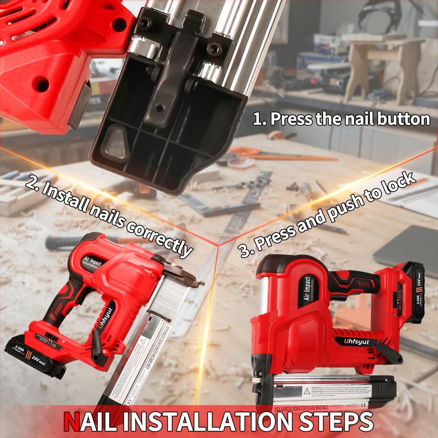 Uhfsyut 20V Cordless Brad Nailer Stapler - 2-in-1 Heavy Duty Battery Nail Gun with 2000 Nails & Adjustable Depth Control for Professional Woodworking & Home Renovation (One Battery Set)