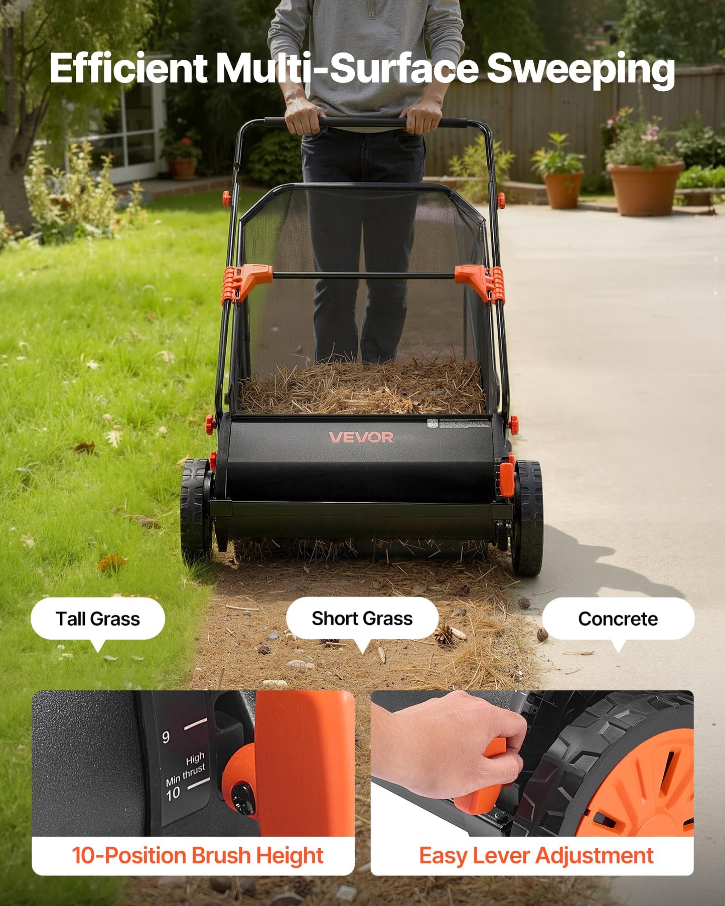 VEVOR Push Lawn Sweeper, 26 in Leaf & Grass Collector with 7 cu. ft. Hopper Bag, Adjustable Brush Height & Spinning Brushes, Heavy Duty Yard Sweeper with Rubber Wheels for Leaves Grass Cleanup