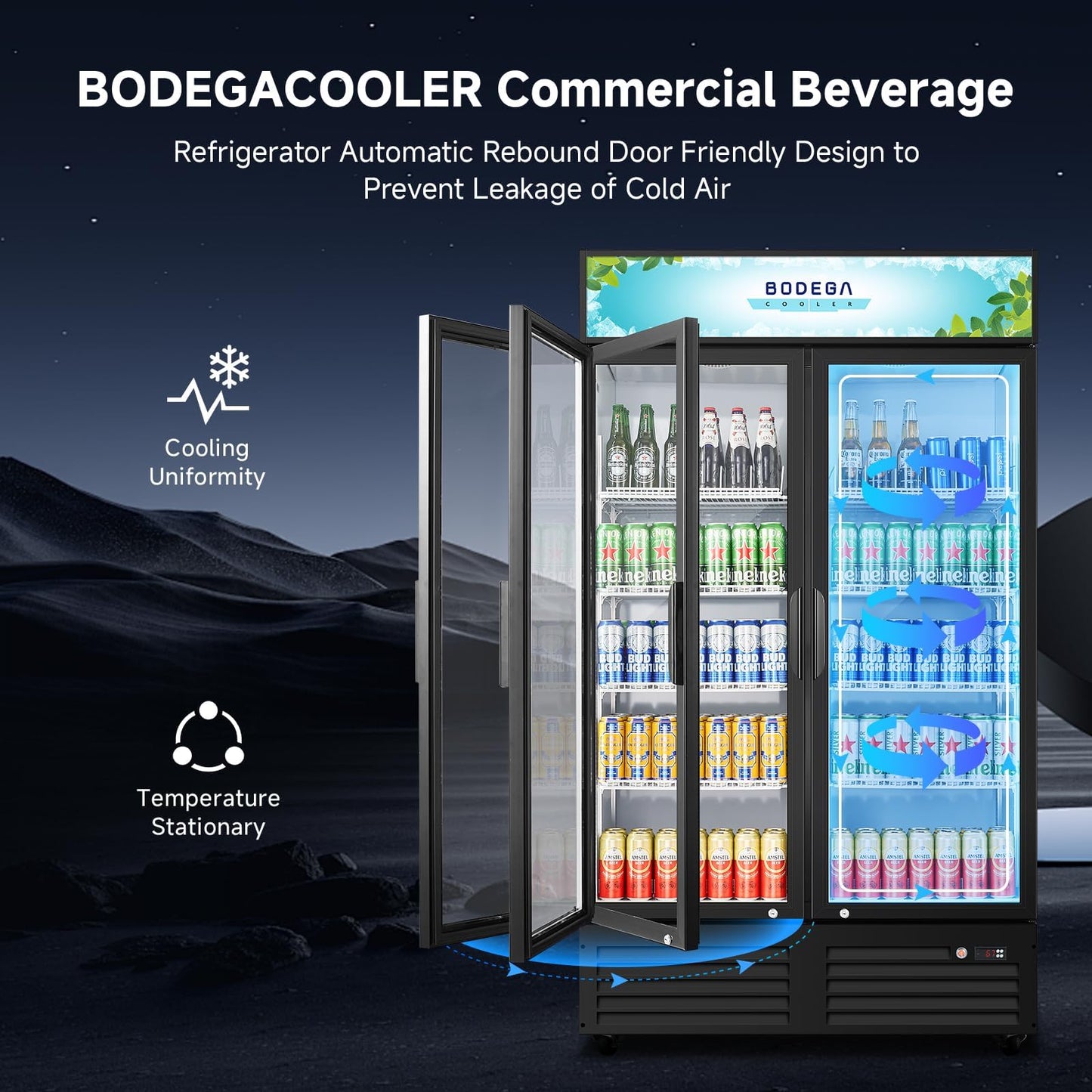 BODEGA BODEGACOOLER 35.4 Cu. Ft Commercial Beverage Refrigerator, 2 Glass Door Merchandiser Cooler Display Refrigerator with LED Lighting, Adjustable Shelves, Temperature Control and Casters, Black
