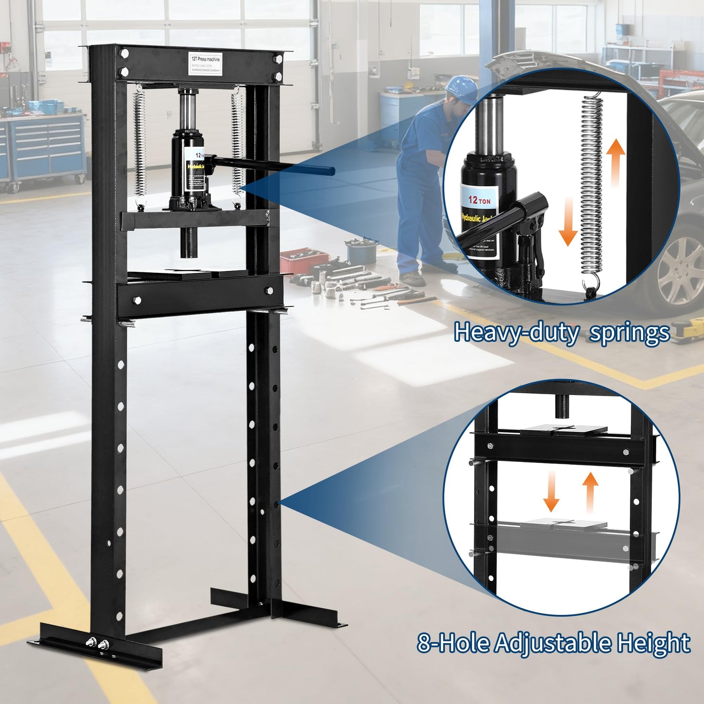 Garvee 12T Hydraulic Press, H-Frame Hydraulic Shop Press with 2 Press Plates, Heavy Duty Garage Floor Shop Press with Adjustable Work Table Height for U-Joints, Black
