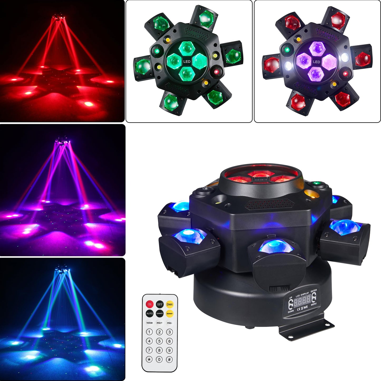 Moving Head DJ Lights 6-Arm Lamp with Remote Control 150w RGBW 4in1 LED DJ Stage Lights Moving Head Disco Light DMX512 & Sound Activated Rotating Light Starlight for Wedding Live House KTV Bar & Club