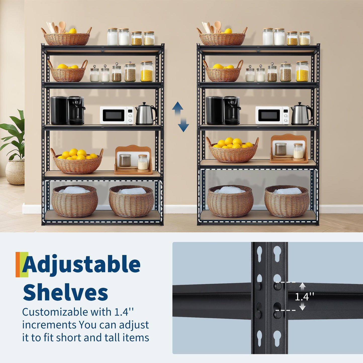 SierraSquad Storage Shelving Unit, 5-Tier Garage Storage Shelves, Metal Adjustable Storage Shelving for Kitchen Pantry Basement Bathroom Laundry, 2500 LBS, 48" L x 24" W x 72" H