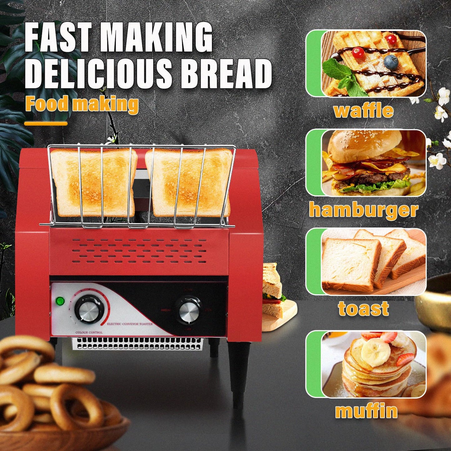 NJTFHU Commercial Conveyor Toaster 300 Slices/Hour Red Conveyor Toaster 3 Modes/7 Speeds Stainless Steel Tabletop Toaster for Toast, Bagels and Other Baked Breads