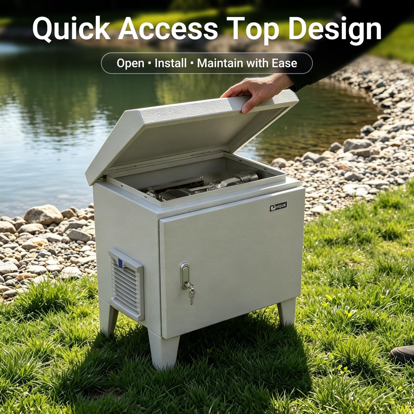 HQUA Pond Aerator Pump Cover Cabinet, Weatherproof Outdoor Protection System with Cooling Fan, Pre-Wired Outlet & 10 ft Power Cord, Galvanized Steel Enclosure 19”W × 14”D × 18.5”H