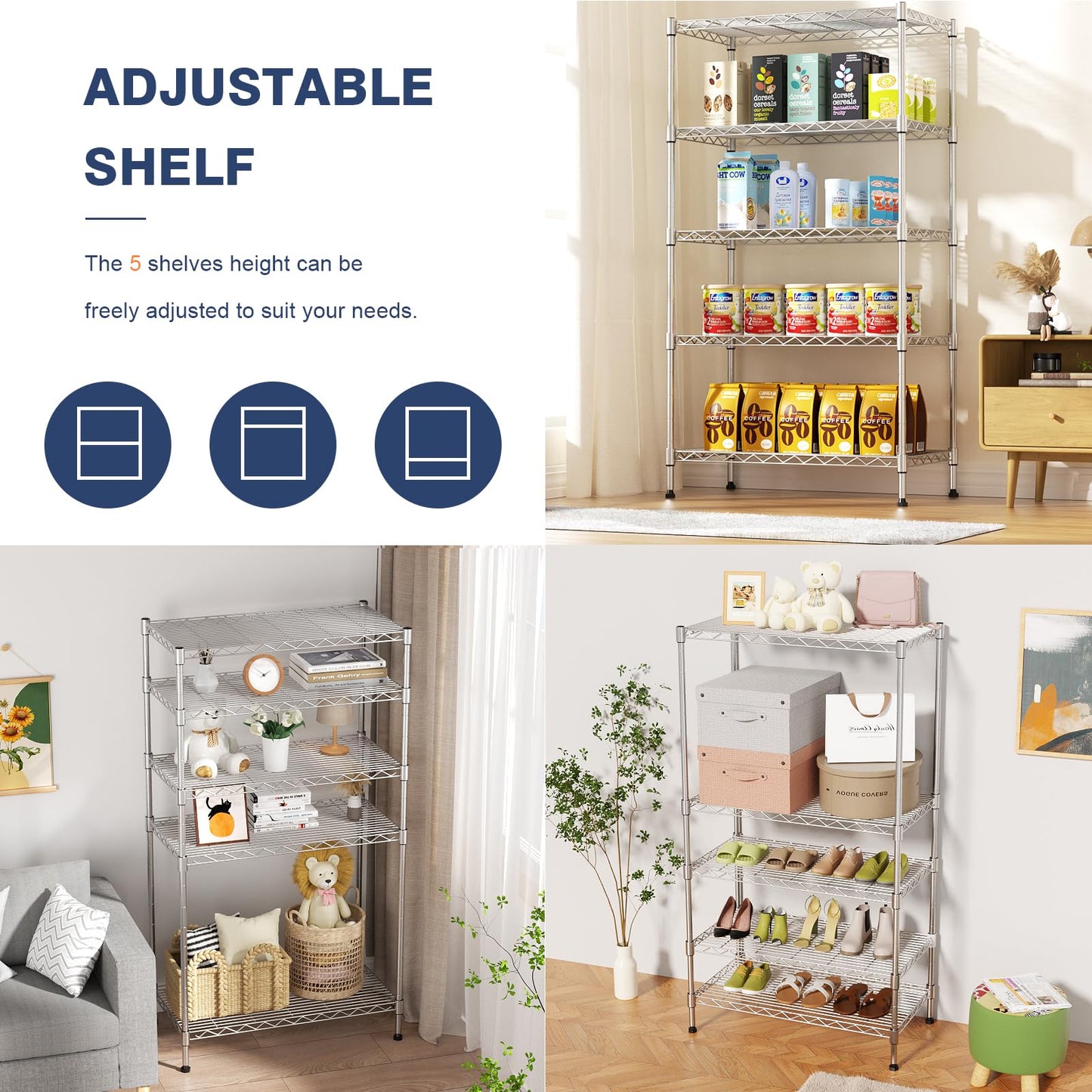 VANZBON 5-Tier Heavy Duty Metal Shelf,Chrome Wire Shelving Unit 35" Wx18 Dx71 H,Height Adjustable Storage Wire Shelves with Lockable Wheels for Garage,Kitchen,Office,Bathroom,Studio