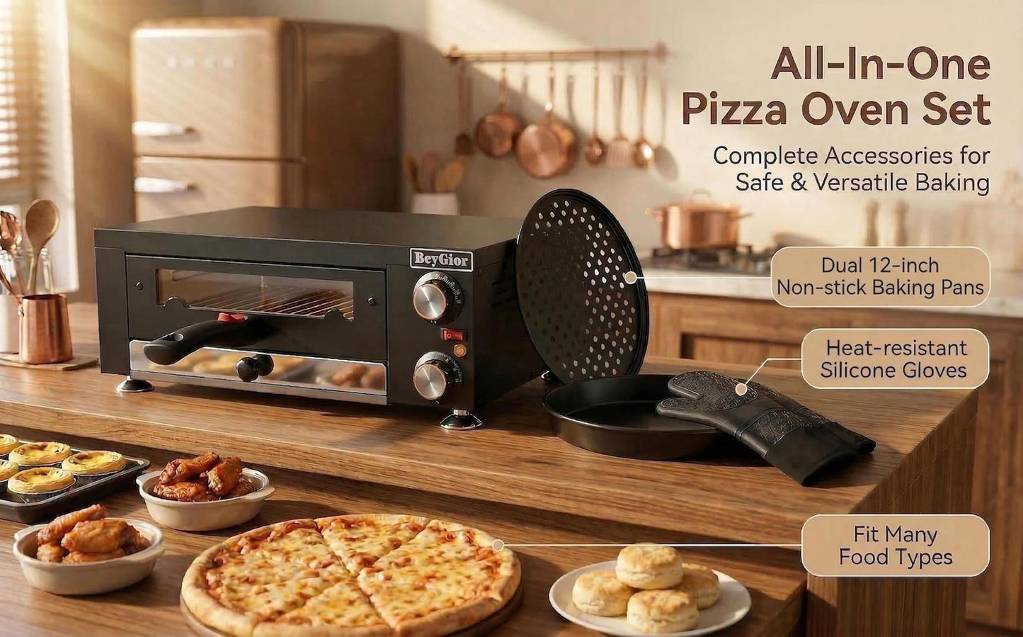 BeyGior Electric Pizza Oven Indoor,12 inch Countertop Pizza Maker with Viewing Window,Stainless Steel Commercial Pizza Oven, Removable Handle,Dual Baking Trays and Oven Mitts