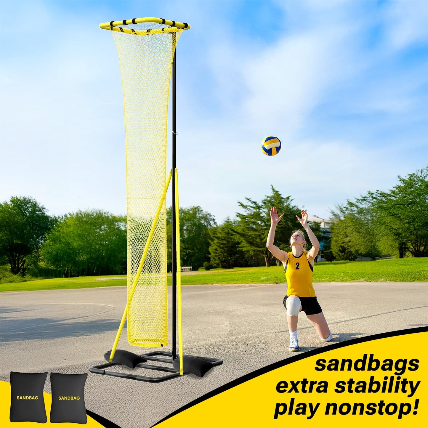 Dimples Excel 10.5 FT Adjustable Volleyball Setter Training Net with 3 Height Levels and 5 Ball Return Angles (70°–180°), Includes Volleyball, Pump, Carry Bag & Sandbags for Indoor/Outdoor Practice
