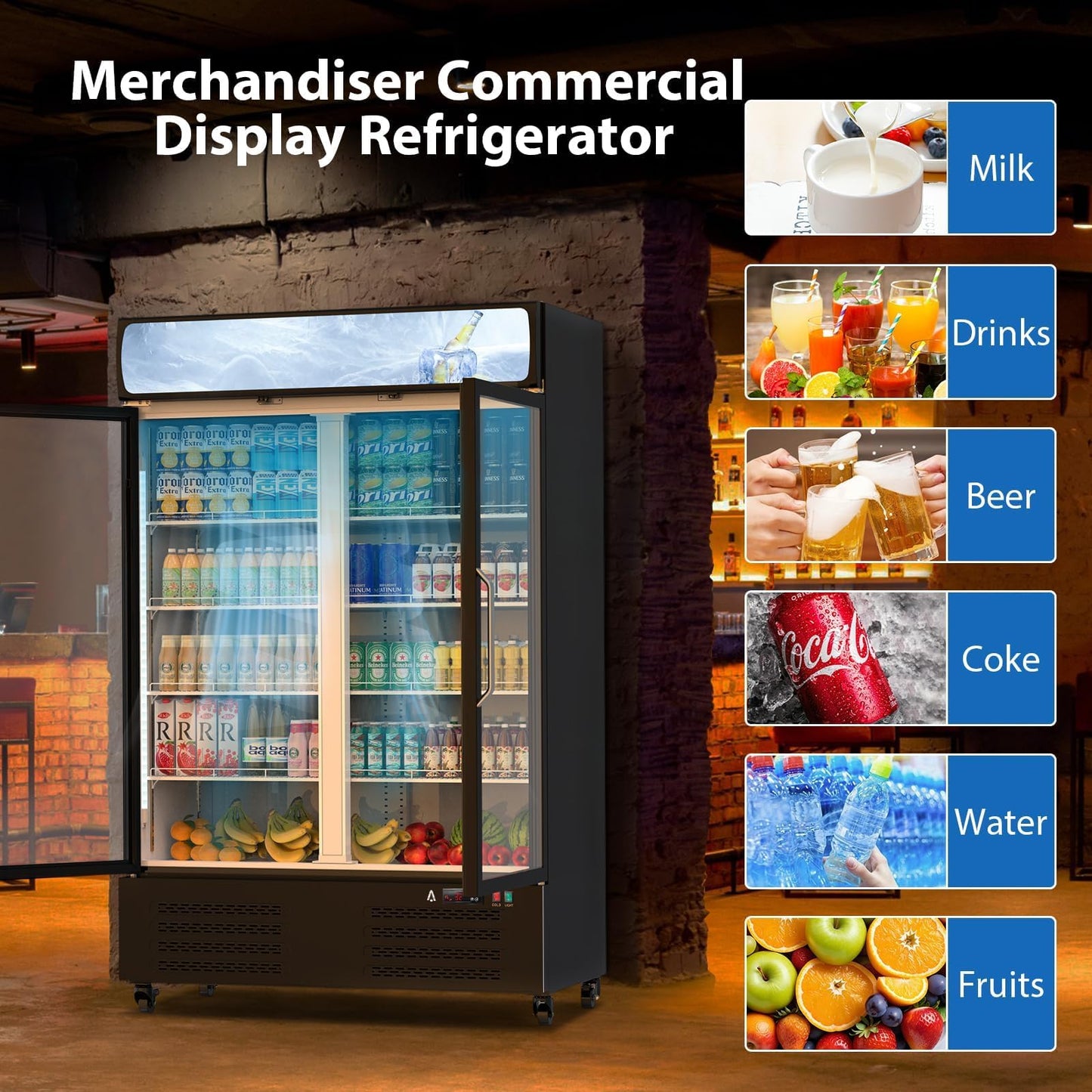 36.3 Cu.ft Commercial Beverage Refrigerator, Glass Door Upright Display Cooler, LED Light, Double Swing Doors, Adjustable Shelves, for Store, Restaurant, Bar, Office, Home