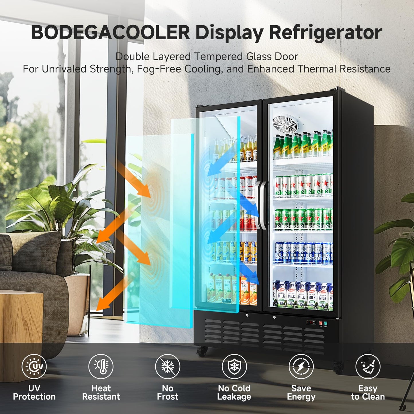 BODEGACOOLER Commercial Merchandiser Refrigerator, 36.8 Cu.Ft Double Glass Door Beverage Cooler, Upright Display Refrigerator with Soft LED Light, Adjustable Shelves, 4 Heavy-Duty Casters, Black