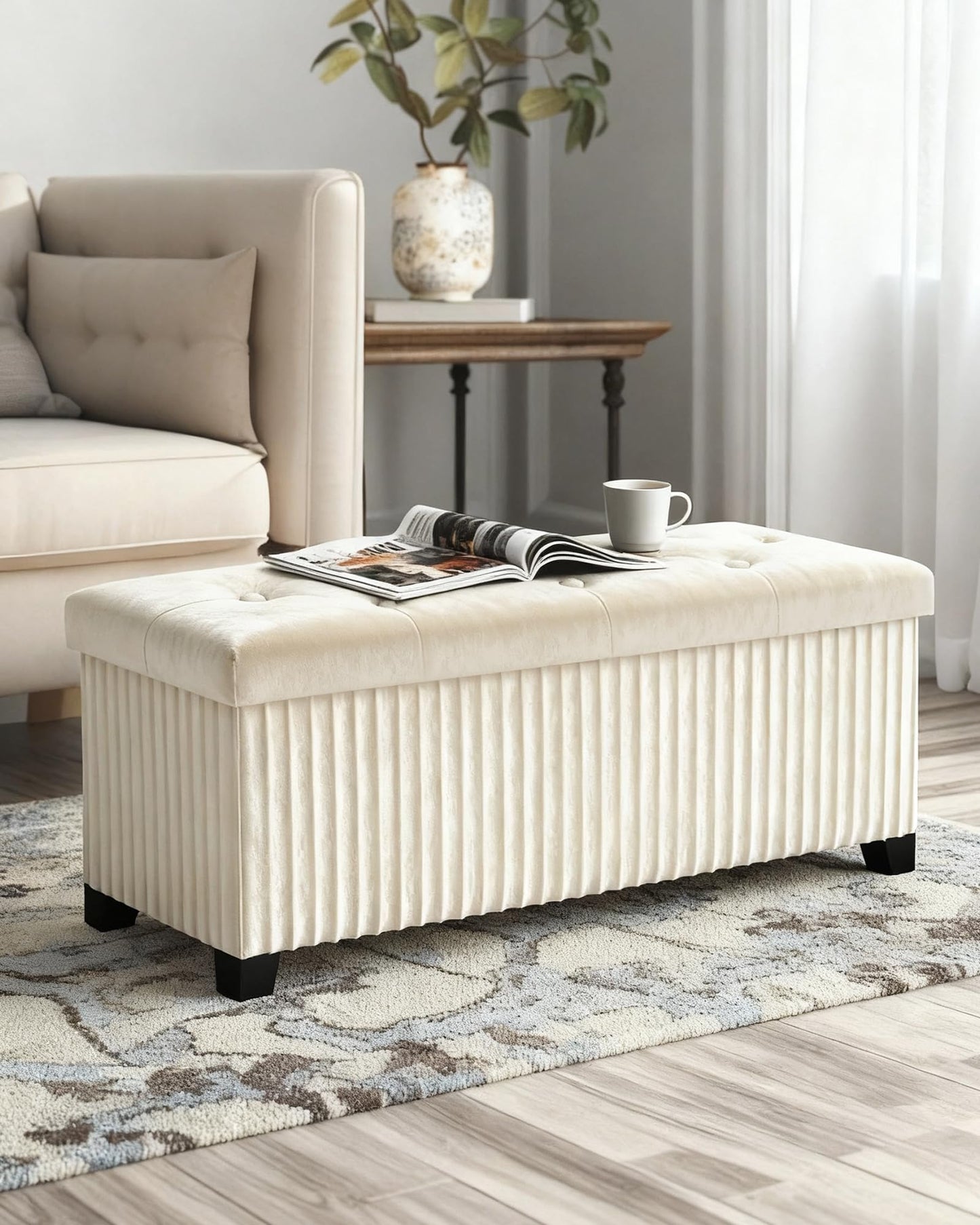 LITZFUR Storage Ottoman Bench, 43 Inch Foldable Ottoman with Legs, Velvet Foot Rest Stool, End of Bed Bench, Storage Chest for Living Room, Bedroom (Beige)