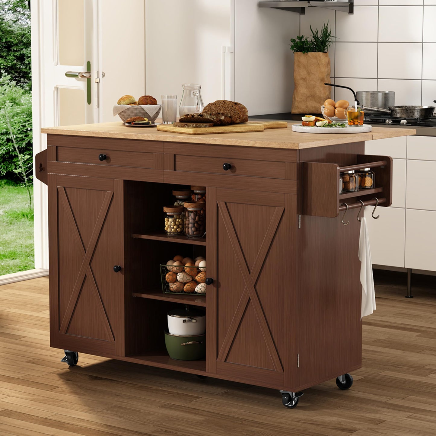 HLR Kitchen Island On Wheels, Brown Rolling Kitchen Island Cart with Solid Wood Drop Leaf Breakfast Bar, Barn Door Kitchen Islands with Storage Cabinet and Tower Rack, Island Table for Kitchen