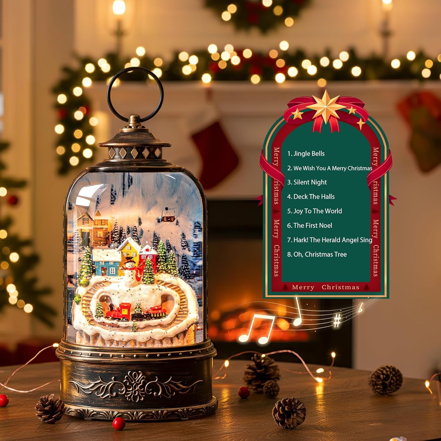 Skiennix Christmas Snow Globe Lantern - Glittering Snowman & Train with Music | USB & Battery Operated