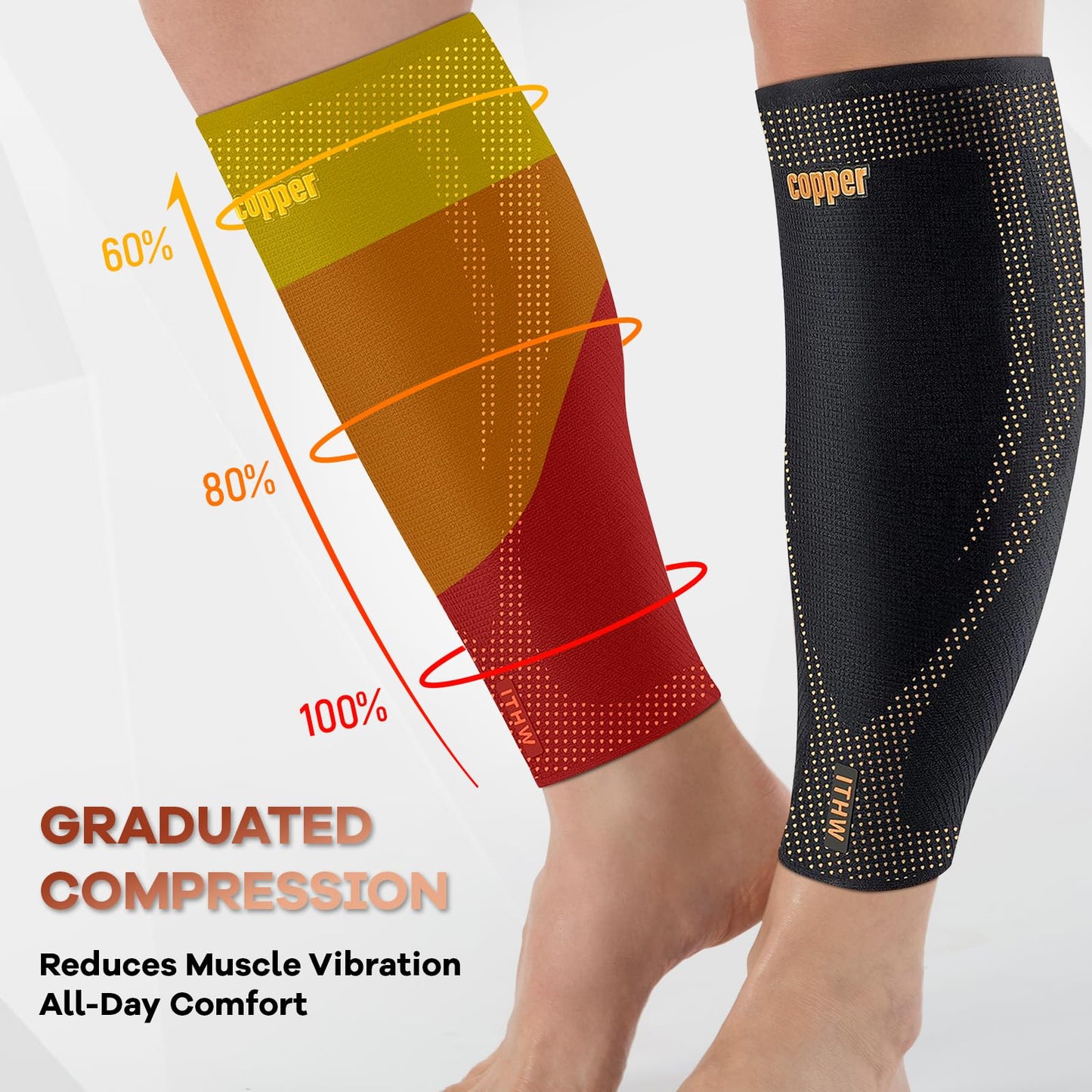 Copper Calf Compression Sleeves for Men & Women - Premium High Stretch Graduated Compression with Anti-Slip Grip | Breathable & Smooth Lining Footless Design for Runners, Shin Splints, Leg Fatigue & Travel (1 Pair)