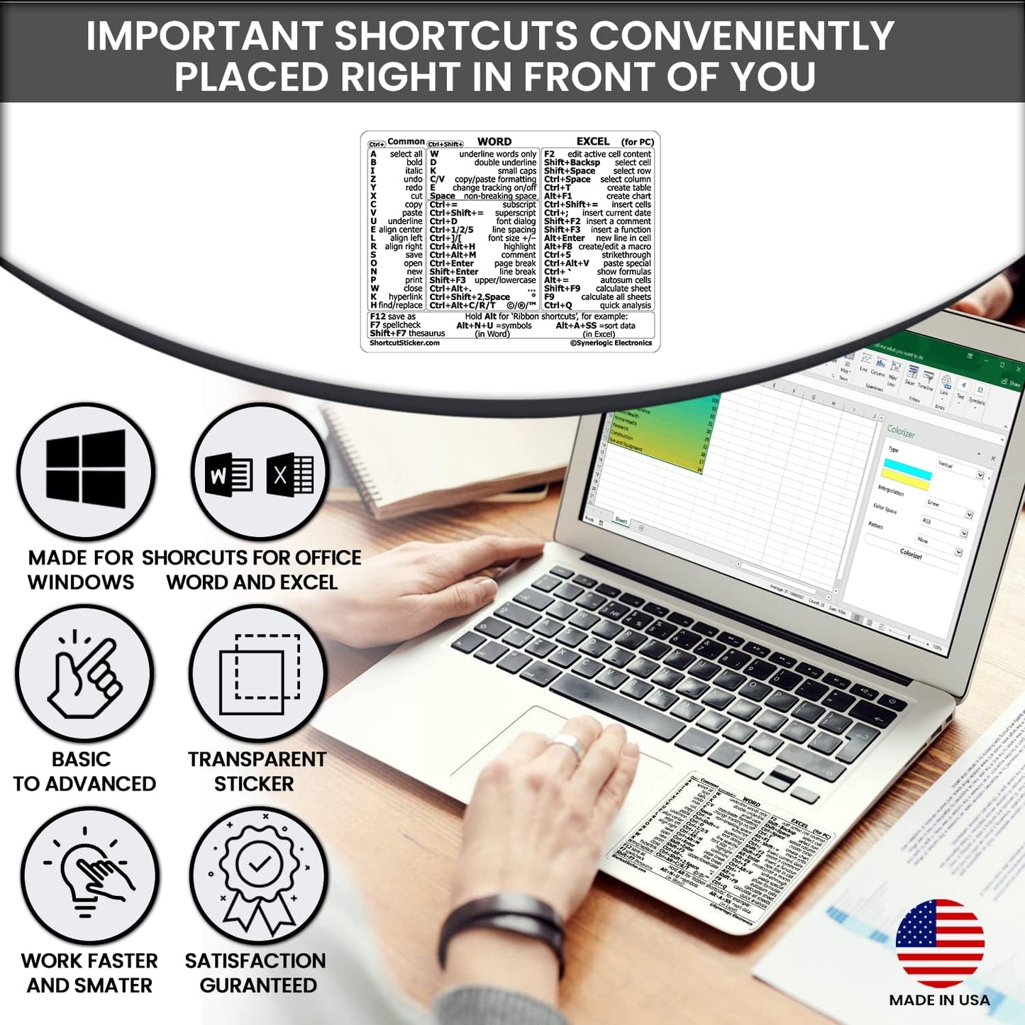Synerlogic Word/Excel Windows Shortcut Sticker | Reference Guide Keyboard Shortcuts | Work from Home Essentials | Excel