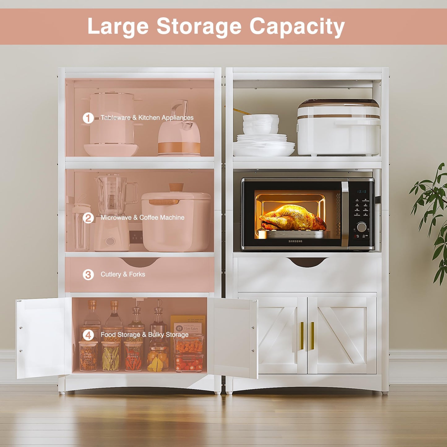 VECELO Kitchen Pantry Cabinet with Charging Station, Freestanding 2-Tier Storage Cupboard, Extra Tall & Wide Microwave Shelf, Farmhouse Style with Drawer, White