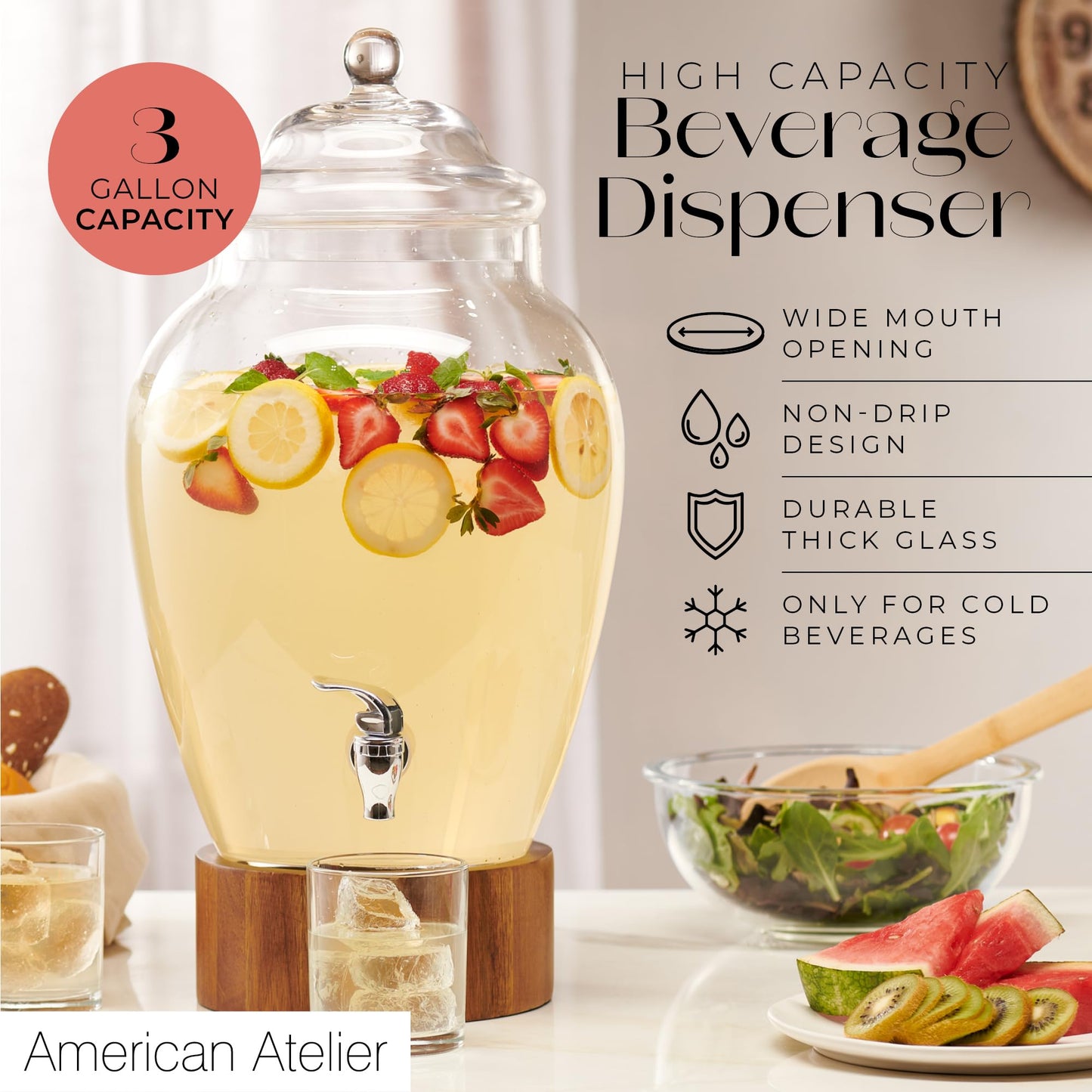 American Atelier Madera Beverage Dispenser Cold Drink Dispenser w/ 3-Gallon Capacity Glass Jug, Leak-Proof Acrylic Spigot in Gorgeous Gift Box Great for Parties, Weddings & More
