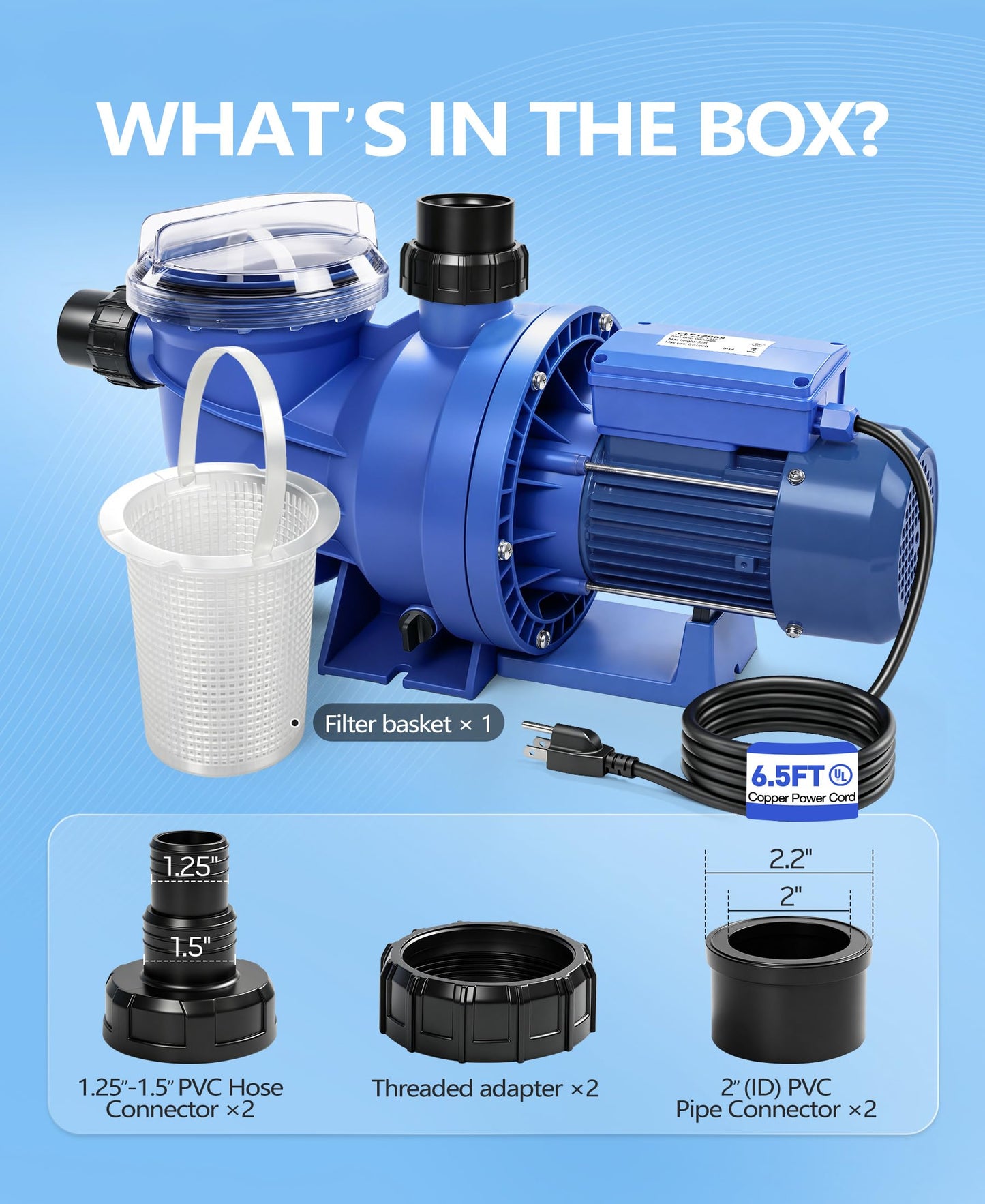 LuxBlue 1.5HP In/Above Ground Pool Pump | Powerful Self-Priming Pool Pumps | Max 6060GPH, 52FT Head Lift for Energy Efficient Water Circulation & Filtration, Includes 1.25"/1.5"/2" Hose Connectors