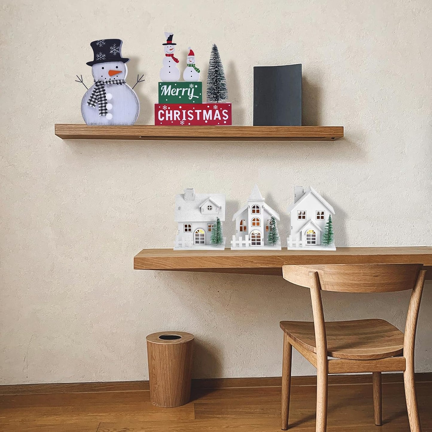 Skiennix Christmas Village Set - 3 White Xmas Houses with Remote-Control LED Candles | Indoor Table Decor
