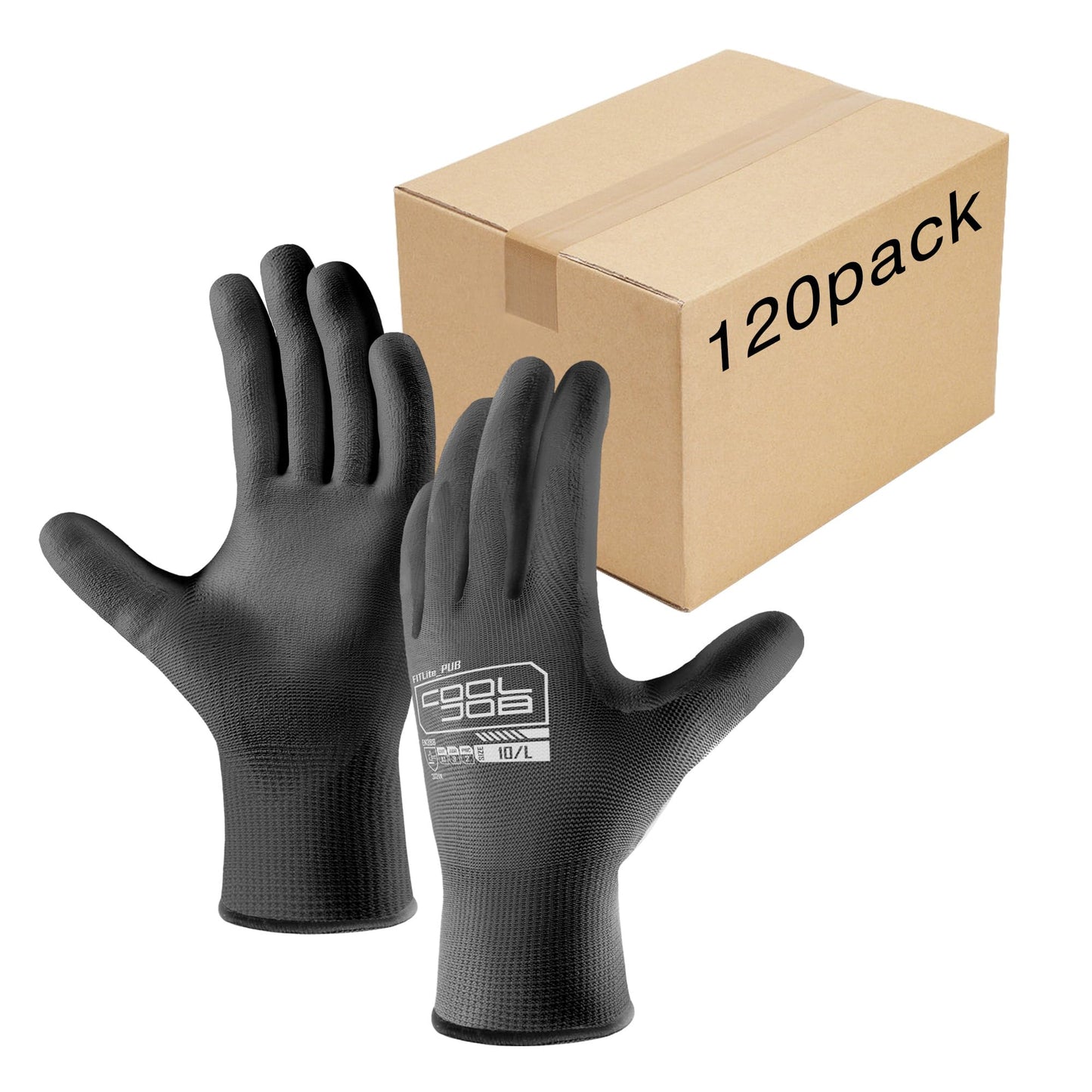 COOLJOB 13 Gauge Safety Work Gloves PU Coated 120 Pairs Medium, Ultra-lite Polyurethane Working Gloves with Grip for Men Women, Seamless Knit for Warehouse Driver Worker, Bulk Pack Package, Black
