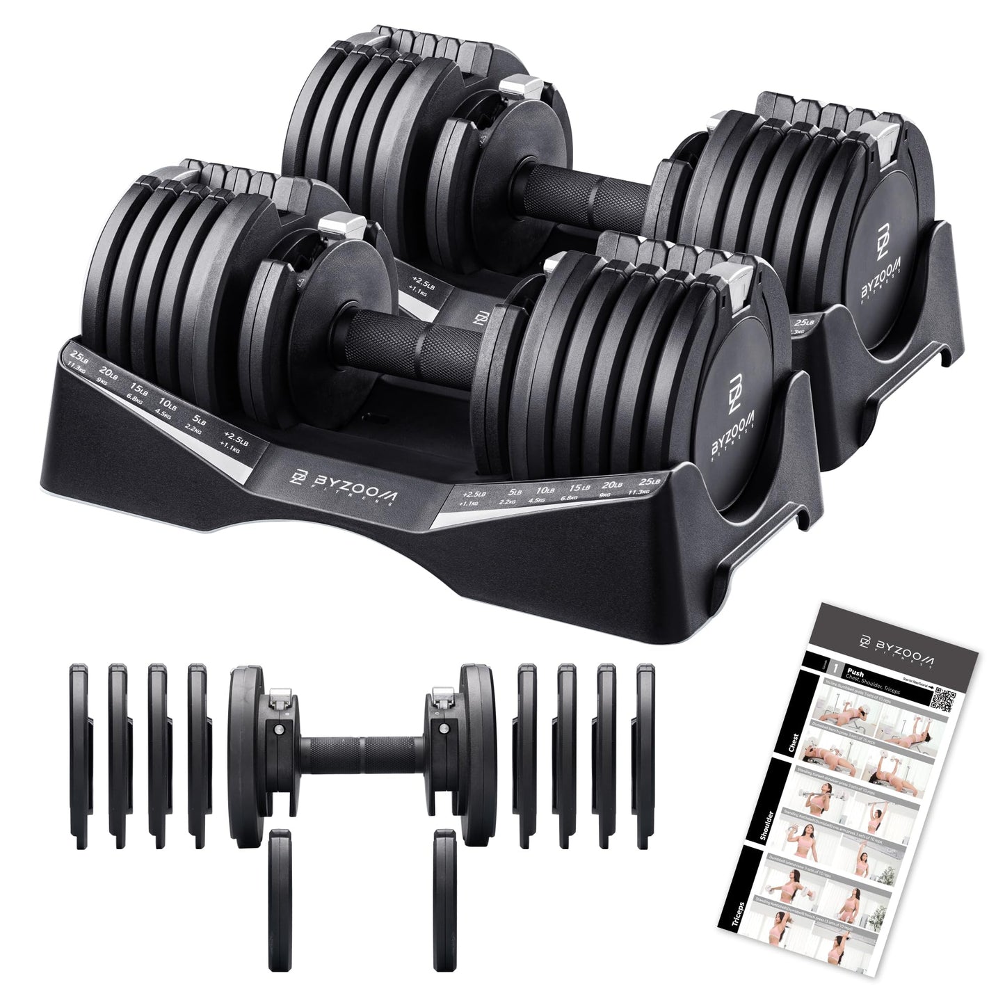 BYZOOM FITNESS Pure Series Adjustable Dumbbell – 27.5LB Pair Set of 2 – 10-in-1 Adjustable Weights for Home Gym, Garage Gym, Small Apartments, for Strength Training & Fitness Workouts, Black