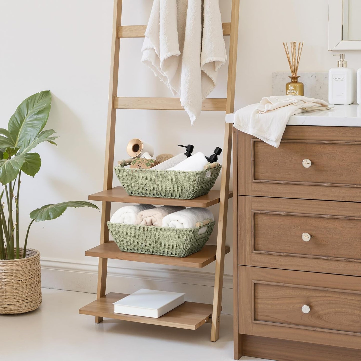 StorageWorks Large Wicker Storage Baskets - Organize with Wooden Handles, Bosana Green, 2-Pack