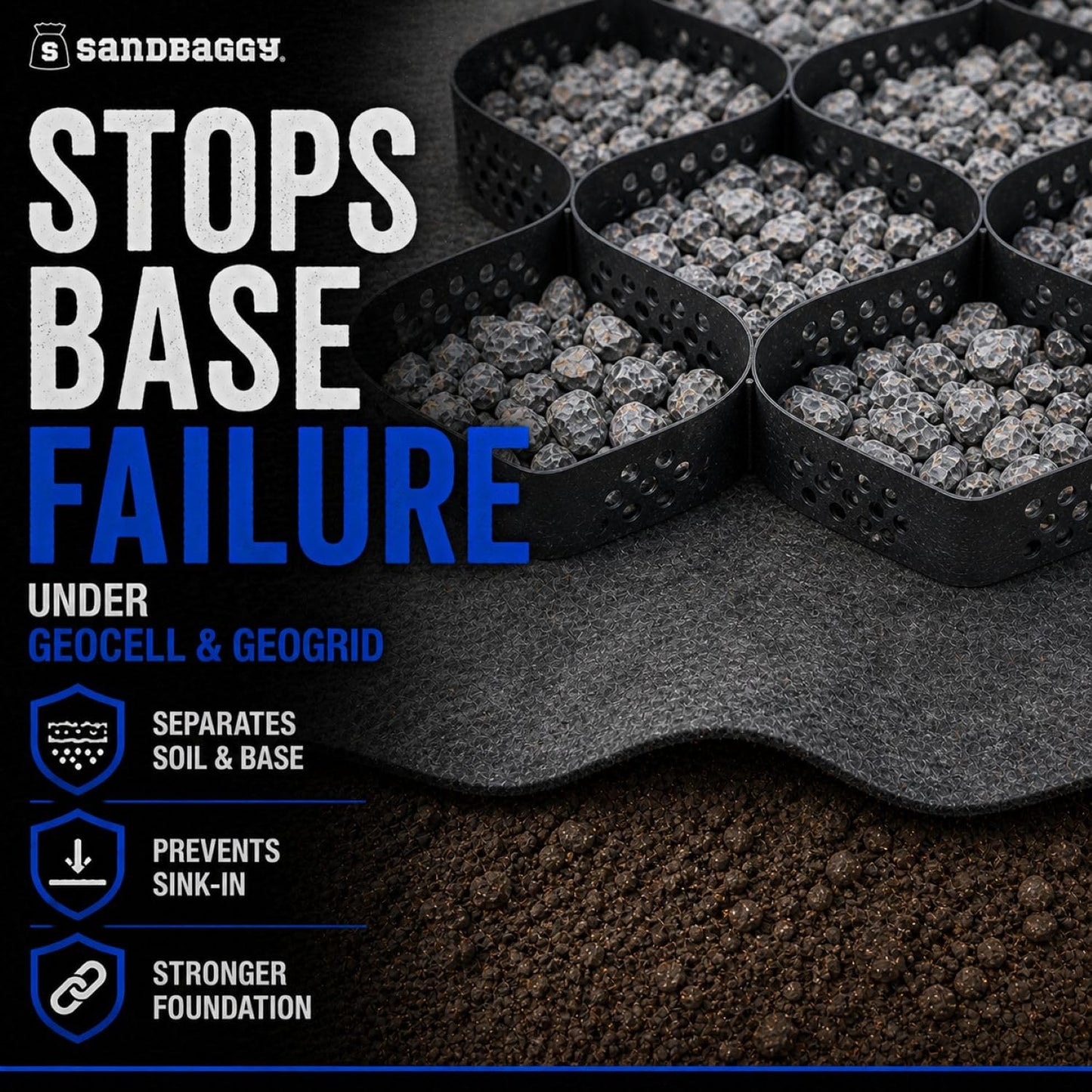Sandbaggy Geogrid & Geocell Underlayment Fabric | Non-Woven Geotextile (8 oz) – Soil Stabilization for Driveways, Roads & Gravel – Erosion Control for Slopes & Walls | USA Made (15 ft x 50 ft Roll)