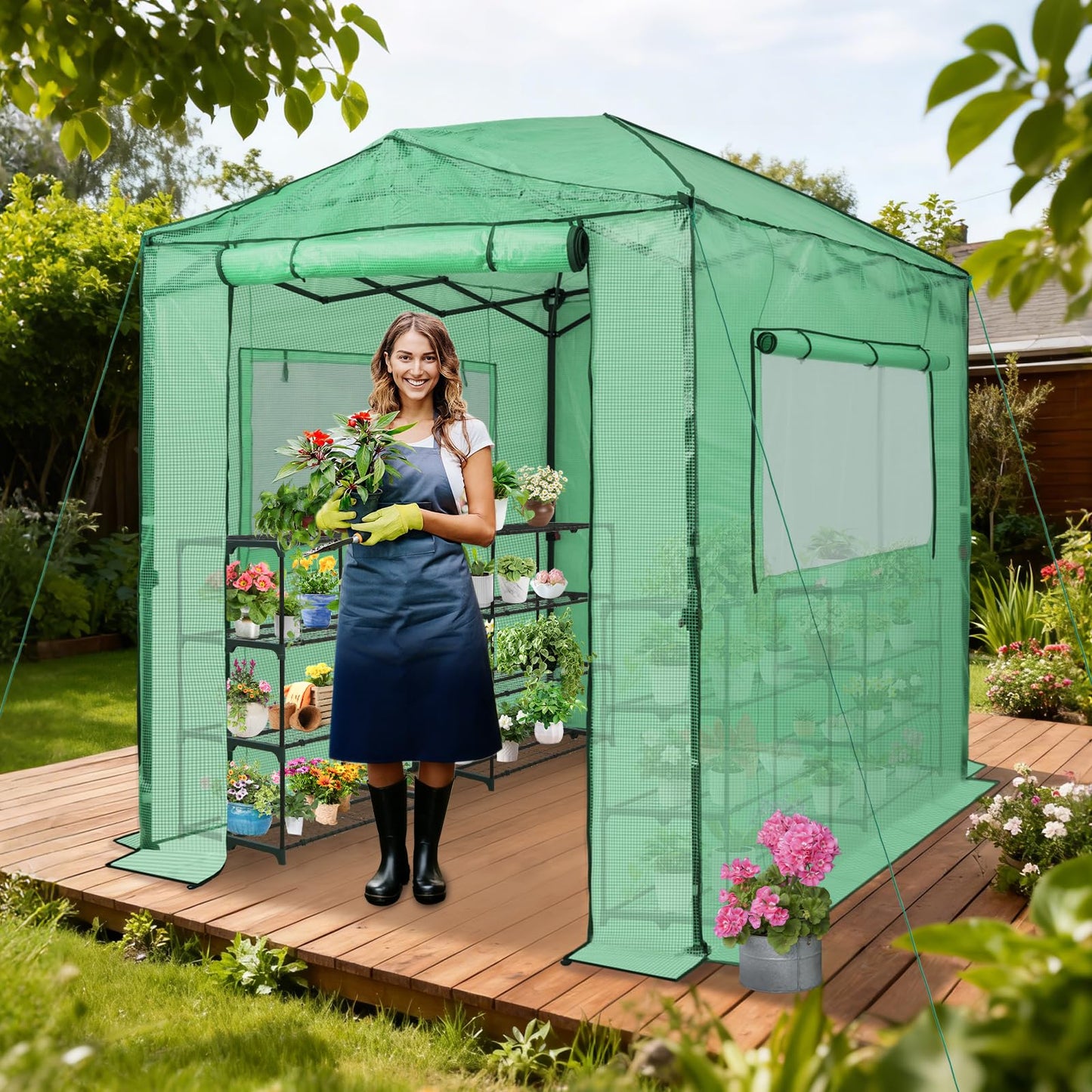 EAGLE PEAK 8x6 Portable Walk in Greenhouse, Pop Up Indoor Outdoor Greenhouse, Green House Kit with Zippered Roll-Up Doors and Windows, PE Cover, Clear/Green
