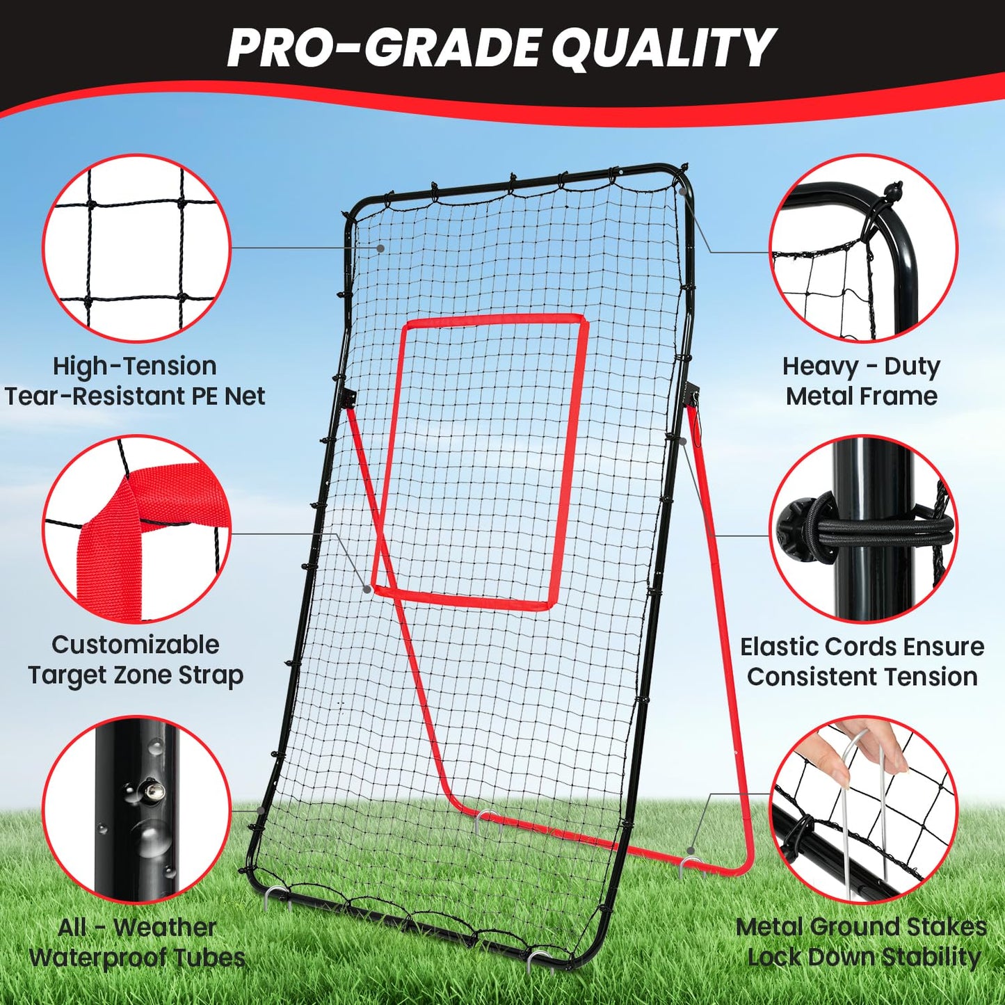 BAGAIL Volleyball Rebounder Net 7x4 Ft, Bounce Back Training Equipment with Unique Curved Frame for Better Catching, 5 Adjustable Angles for Volleying & Spiking, Easy Set Up & Sturdy Base - Red