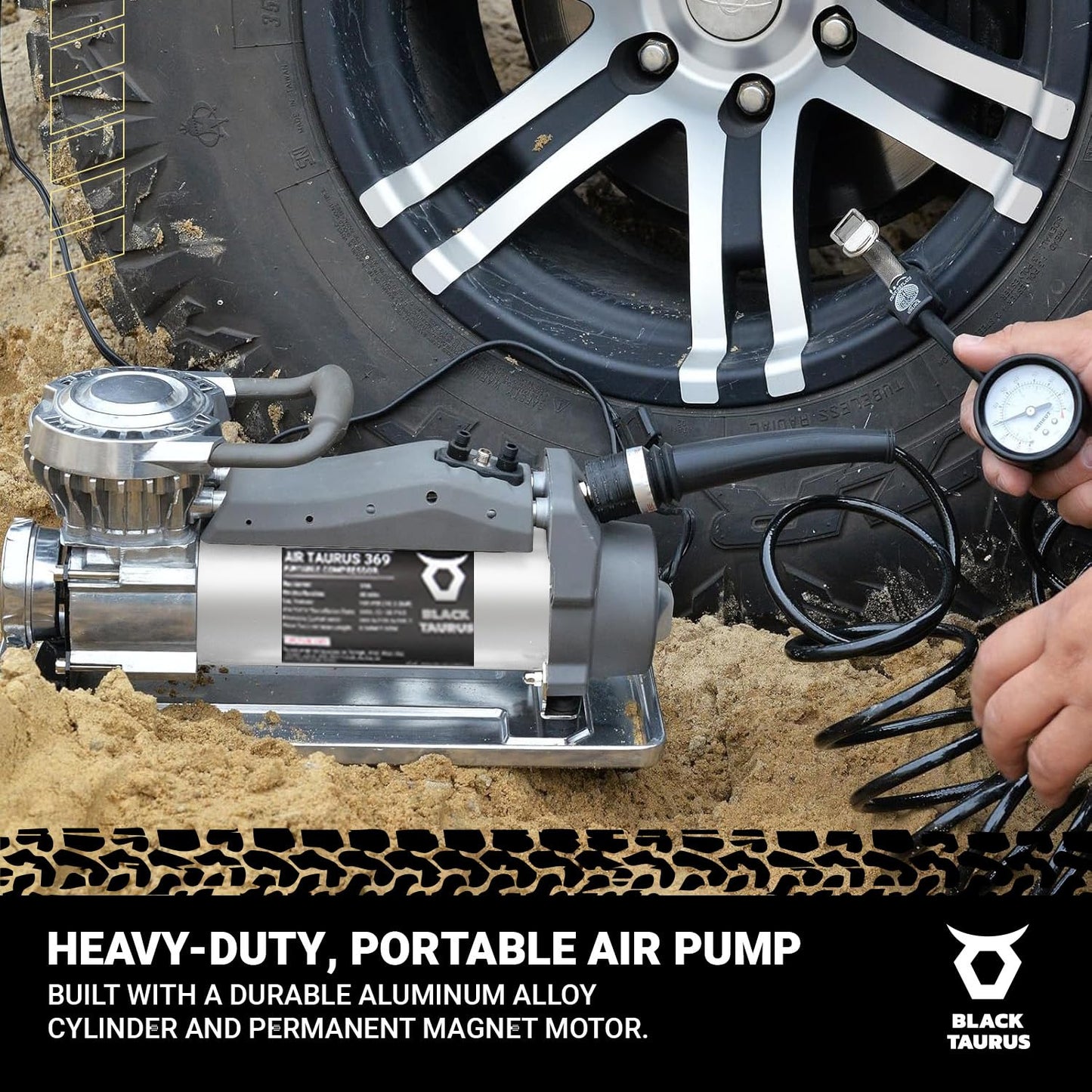 Black Taurus Portable Air Compressor - 12V Air Compressor / 24V 150 PSI for Car, Truck & 4x4, Dual Motor Heavy Duty Tire Inflator, Tire Inflator with Gauge, Long Air Hose - Air Compressor 369