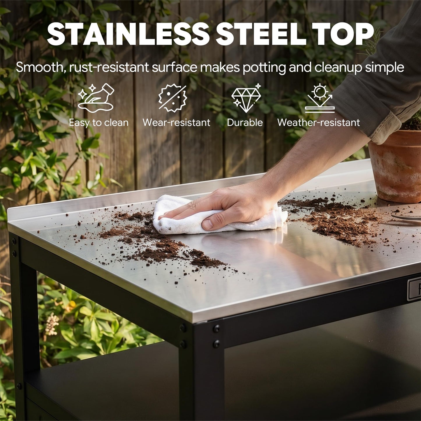 Feasto Outdoor Potting Bench with Storage, Stainless Steel Tabletop Garden Work Bench with Storage Cabinet & Removable Inner Shelf for Patio Lawn Outdoor Gardening