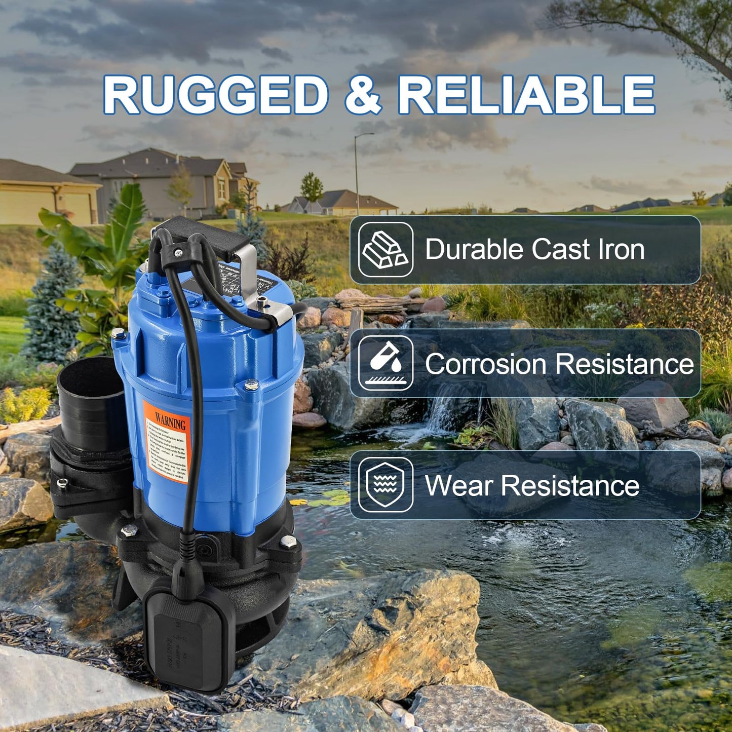 HSZ3.75S HS3.75S 1 HP 115V Automatic Electric Submersible Wastewater Pump with Float Switch Replacement for HS3.75S-62, 61 GPM / 3660 GPH, 3" Straight Male NPT