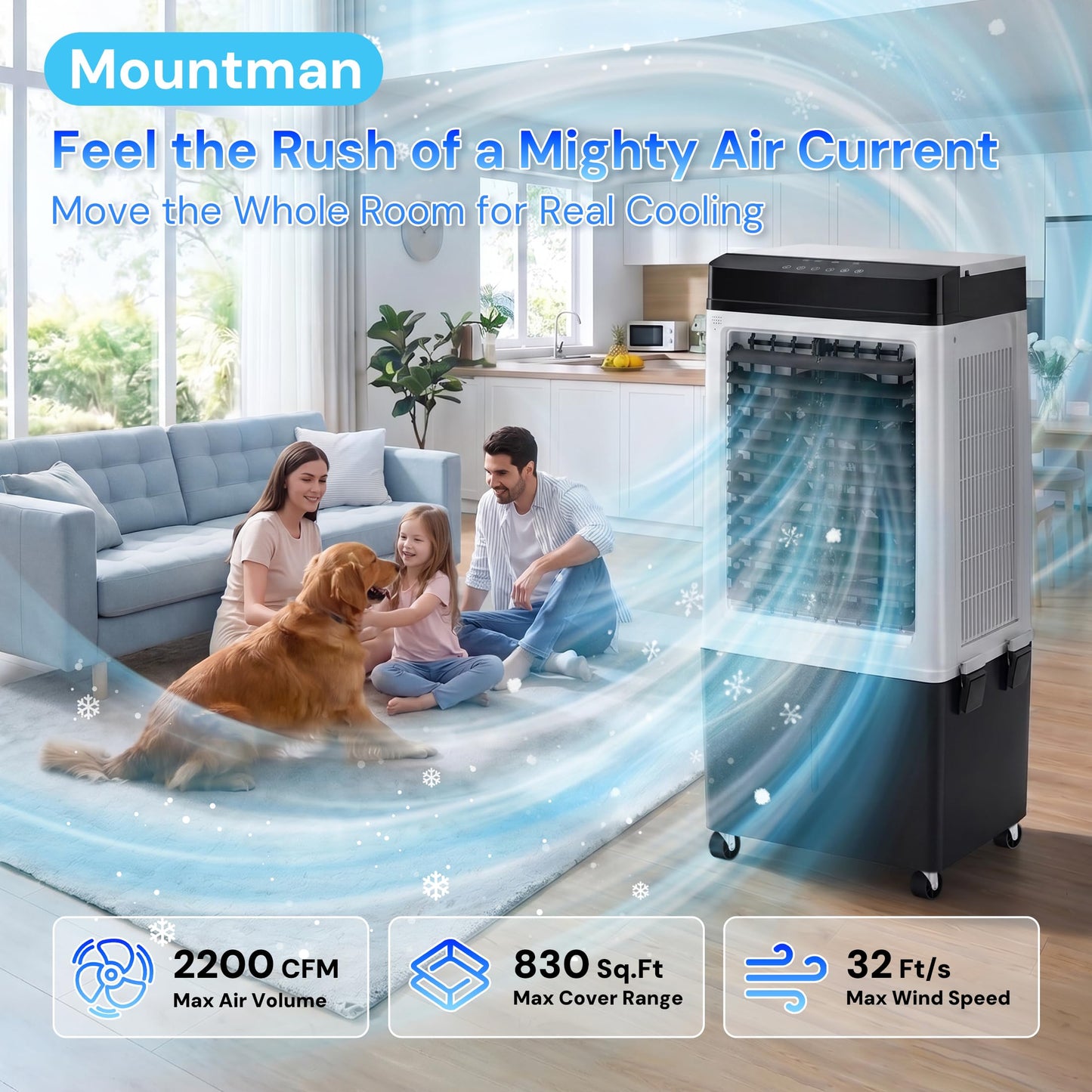 Swamp Cooler, 2200 CFM Evaporative Air Cooler with 8 Gal Water Tank, 4 Ice Packs, 120° Swing,12H Timer,3 Modes,3 Speeds, 3-IN-1 Windowless AC Unit, Room Cooler Portable Air Conditioner for Indoor Use